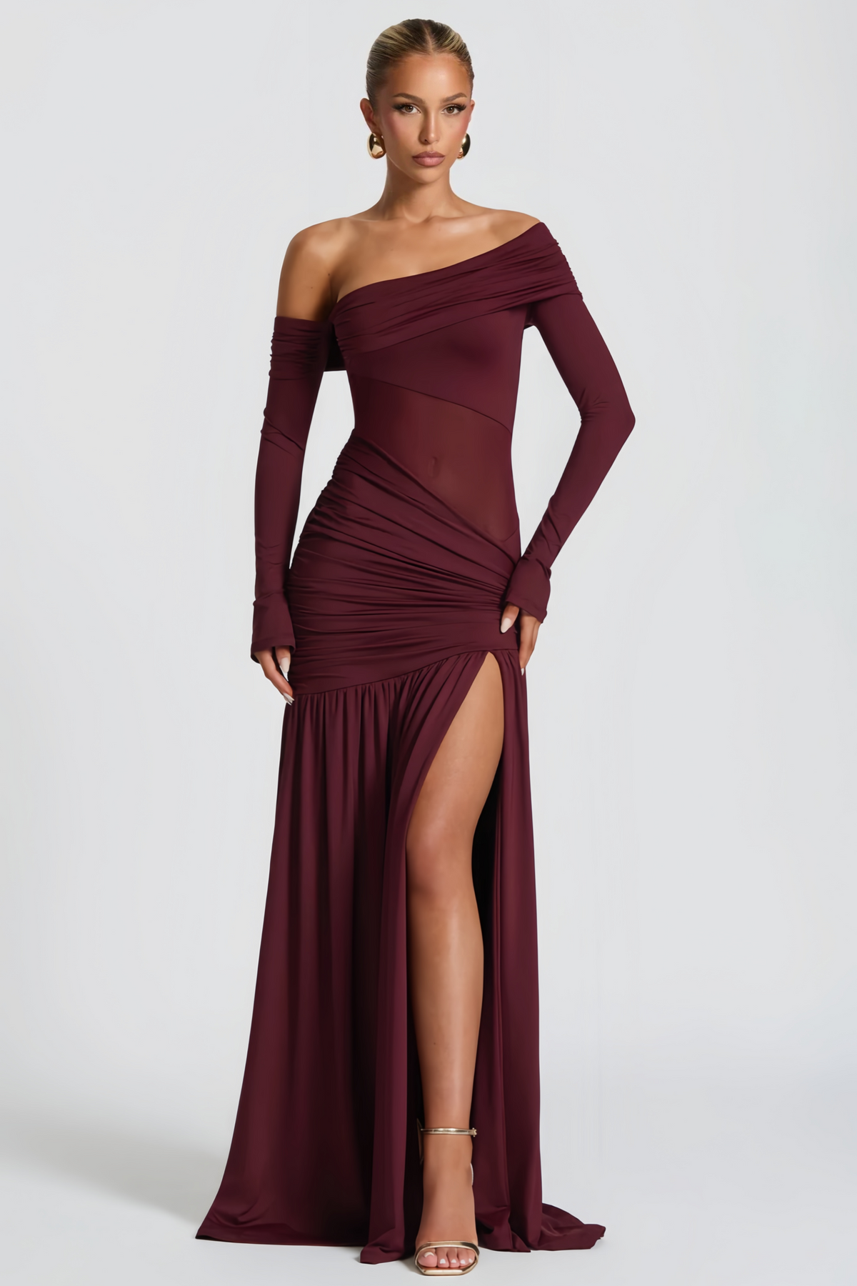 Anastasia Burgundy One Shoulder Gathered Maxi Dress Anastasia Burgundy One Shoulder Gathered Maxi Dress