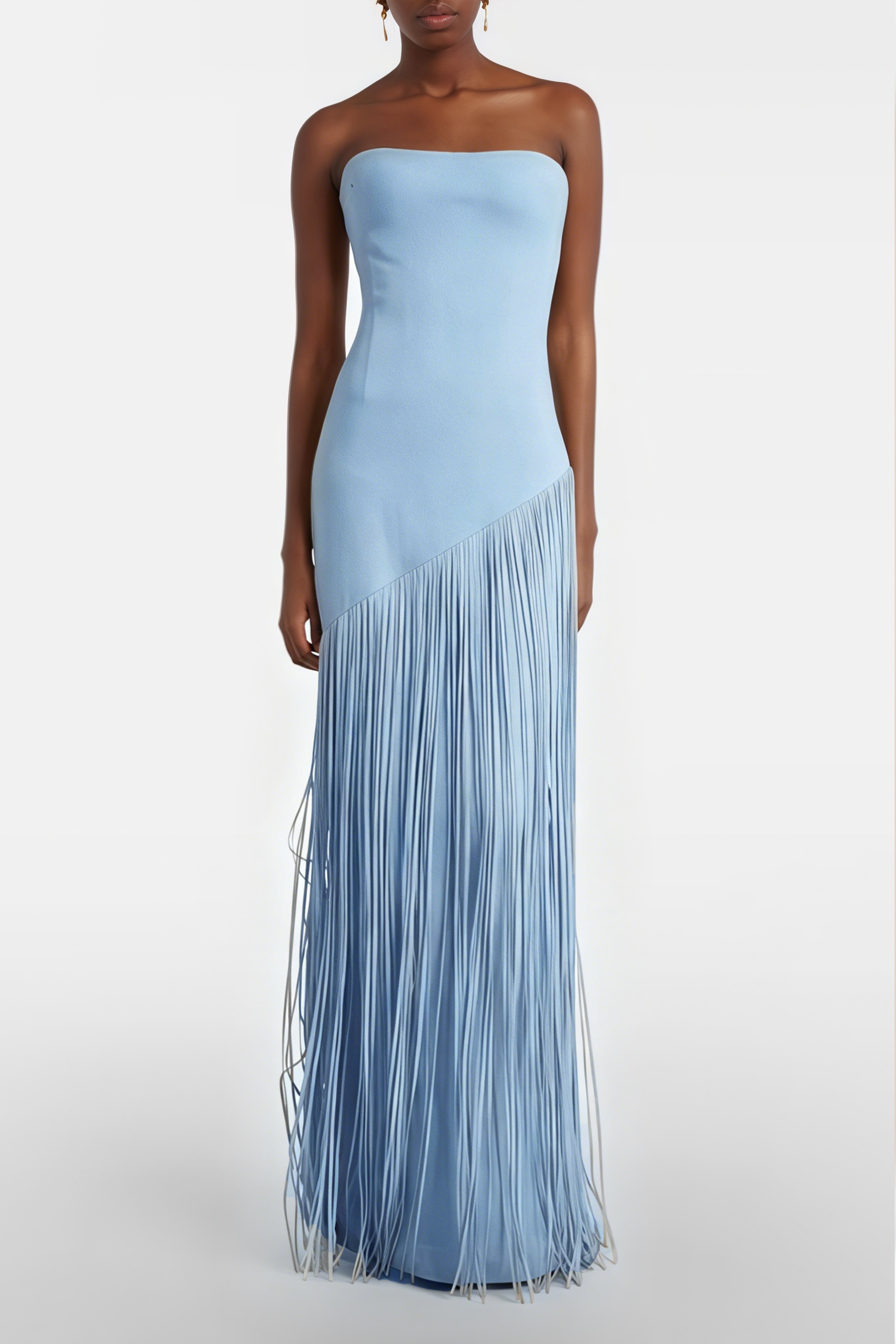 فستان ماكسي من كايتانا باللون الأزرق الياقوتي مع حواف وبتصميم يشبه الرداء