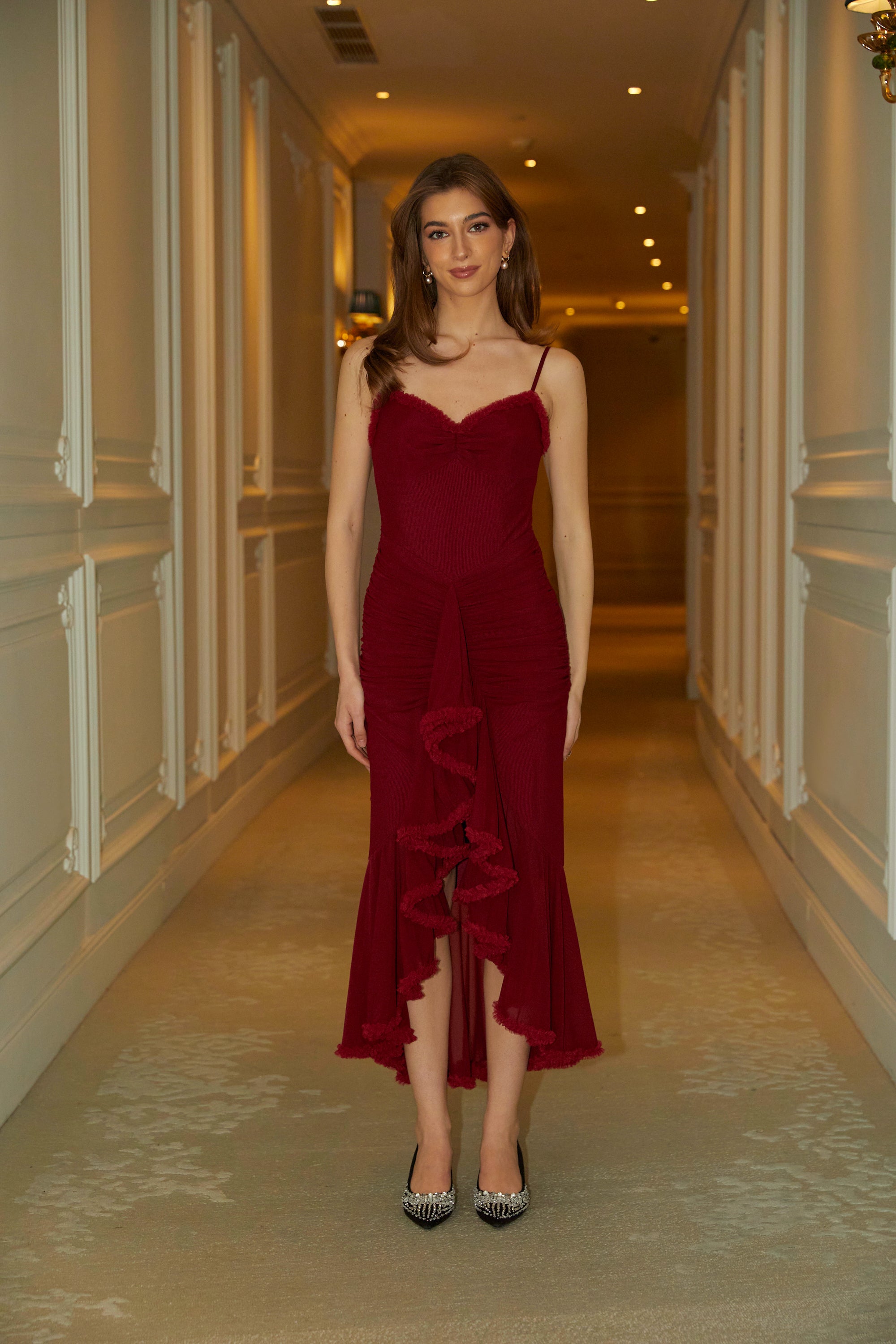 Désirée red ruffle-trim tulle midi dress