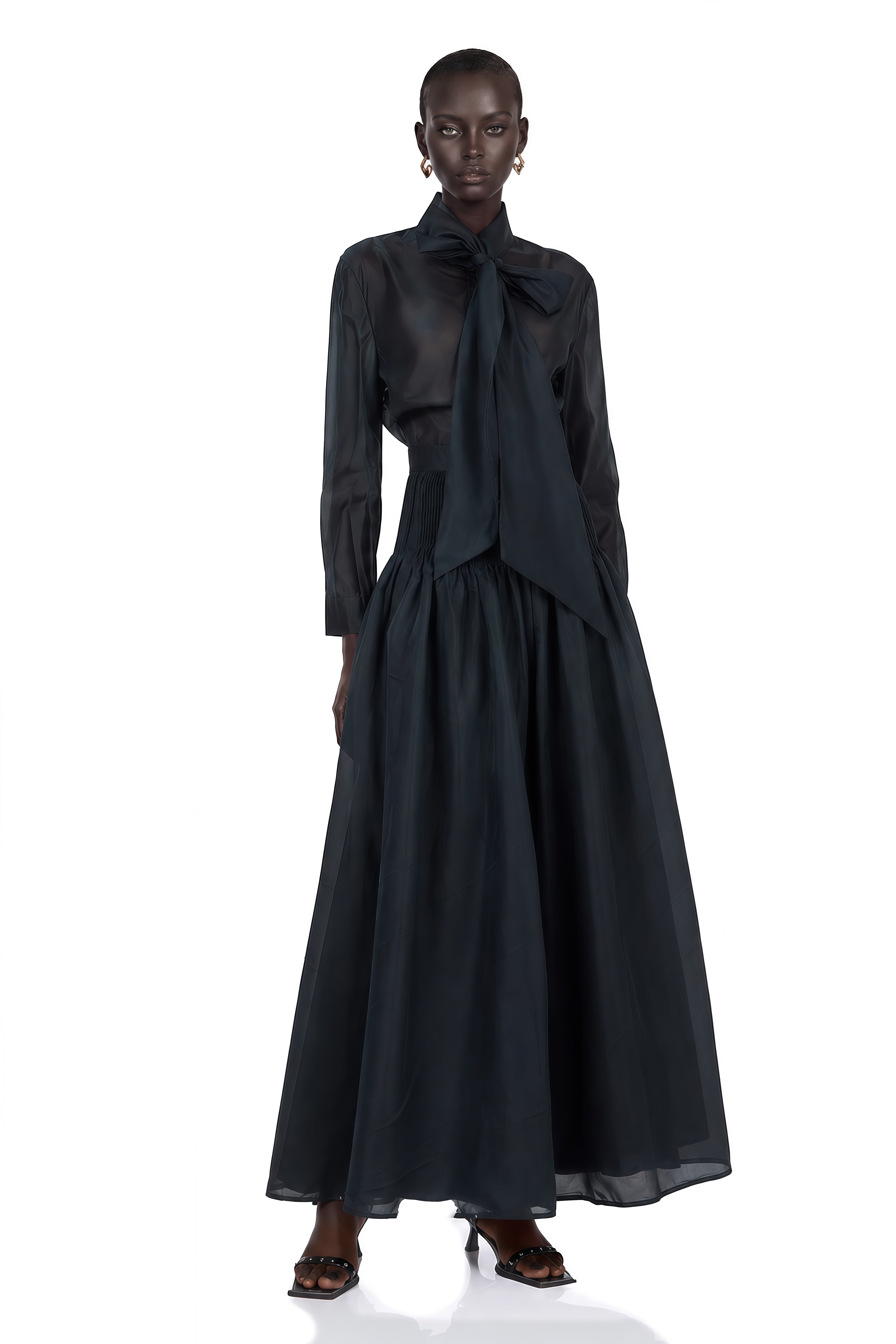 Zoé Dark-Green Ribbon Tie-Neck Shirt & Skirt Matching Set