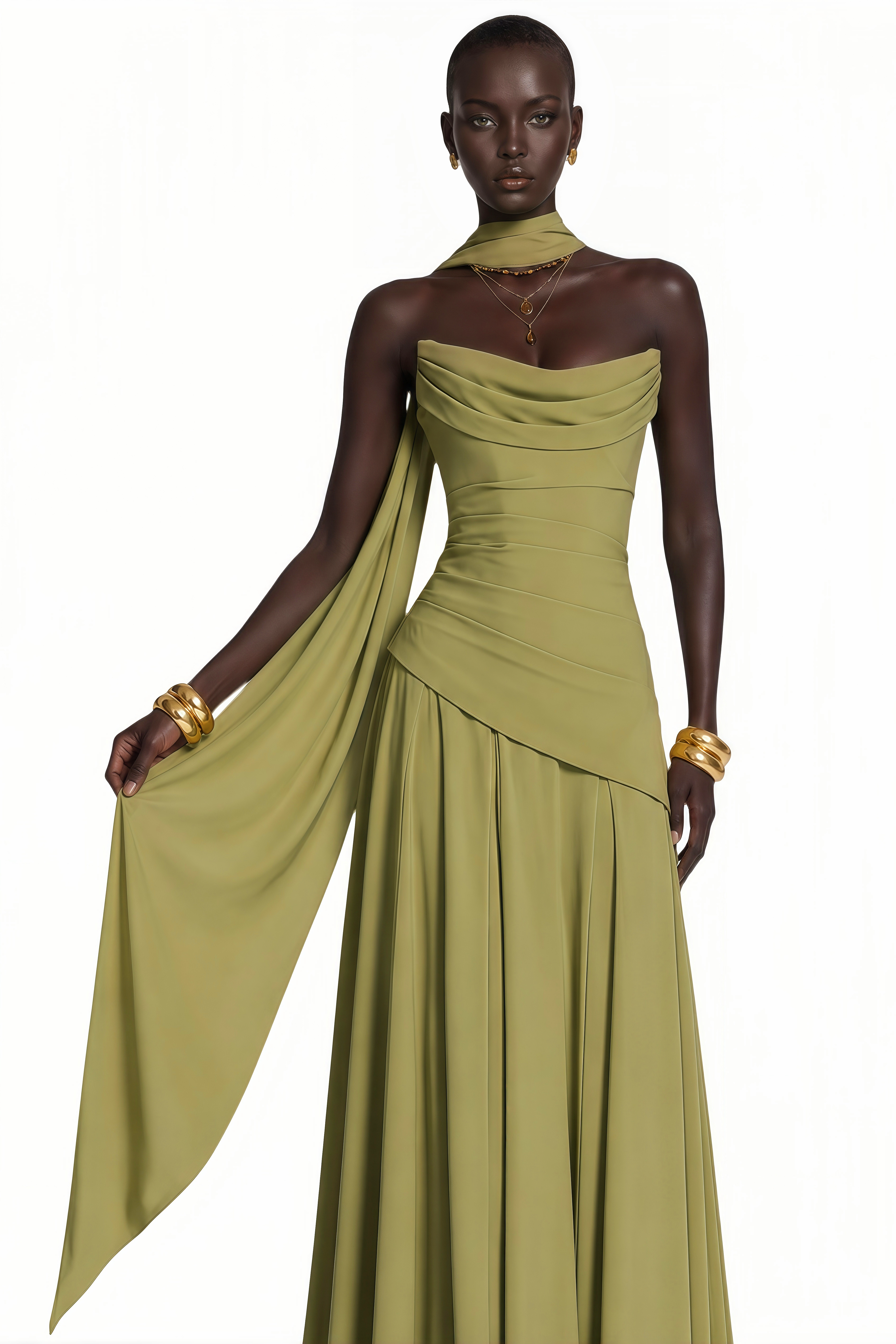 Romane Green Strapless Corset Chiffon Maxi Dress