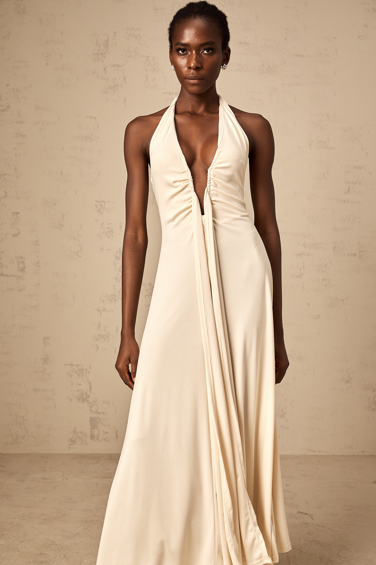 maxi deep v neck dress Géraldine white deep V-neck draped maxi dress