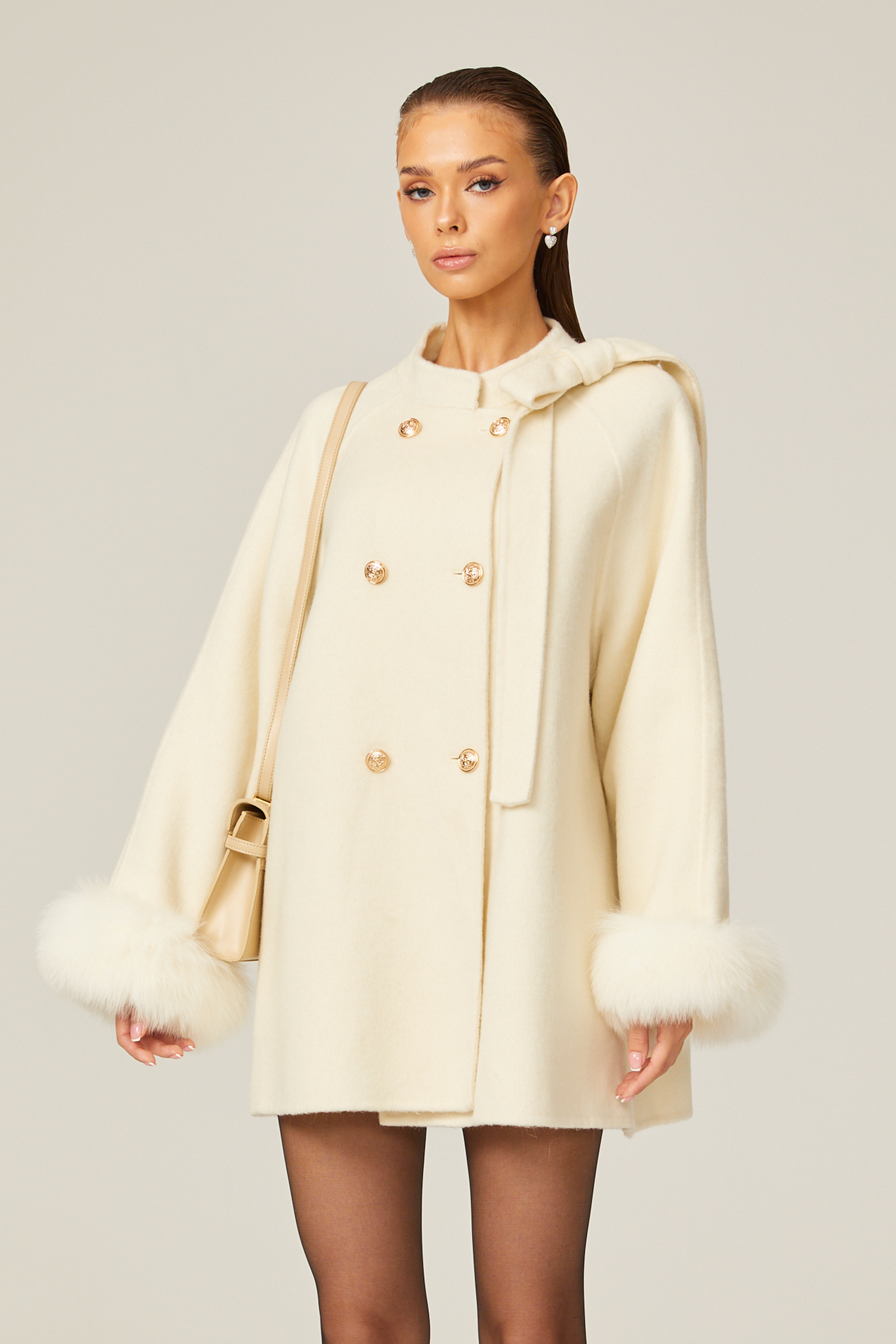 Colette white wool fur bowknot coat