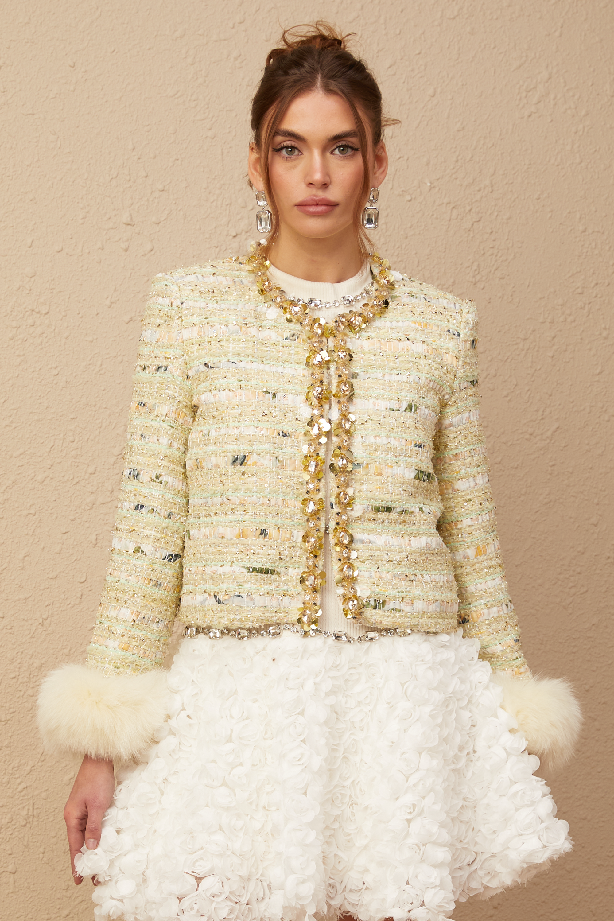 Margaux light-green fur padded duck-down embellished jacket