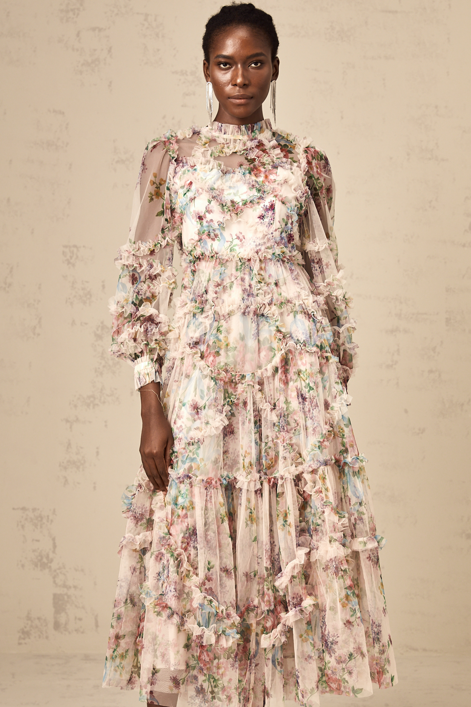 Candice floral ruffled tulle midi dress