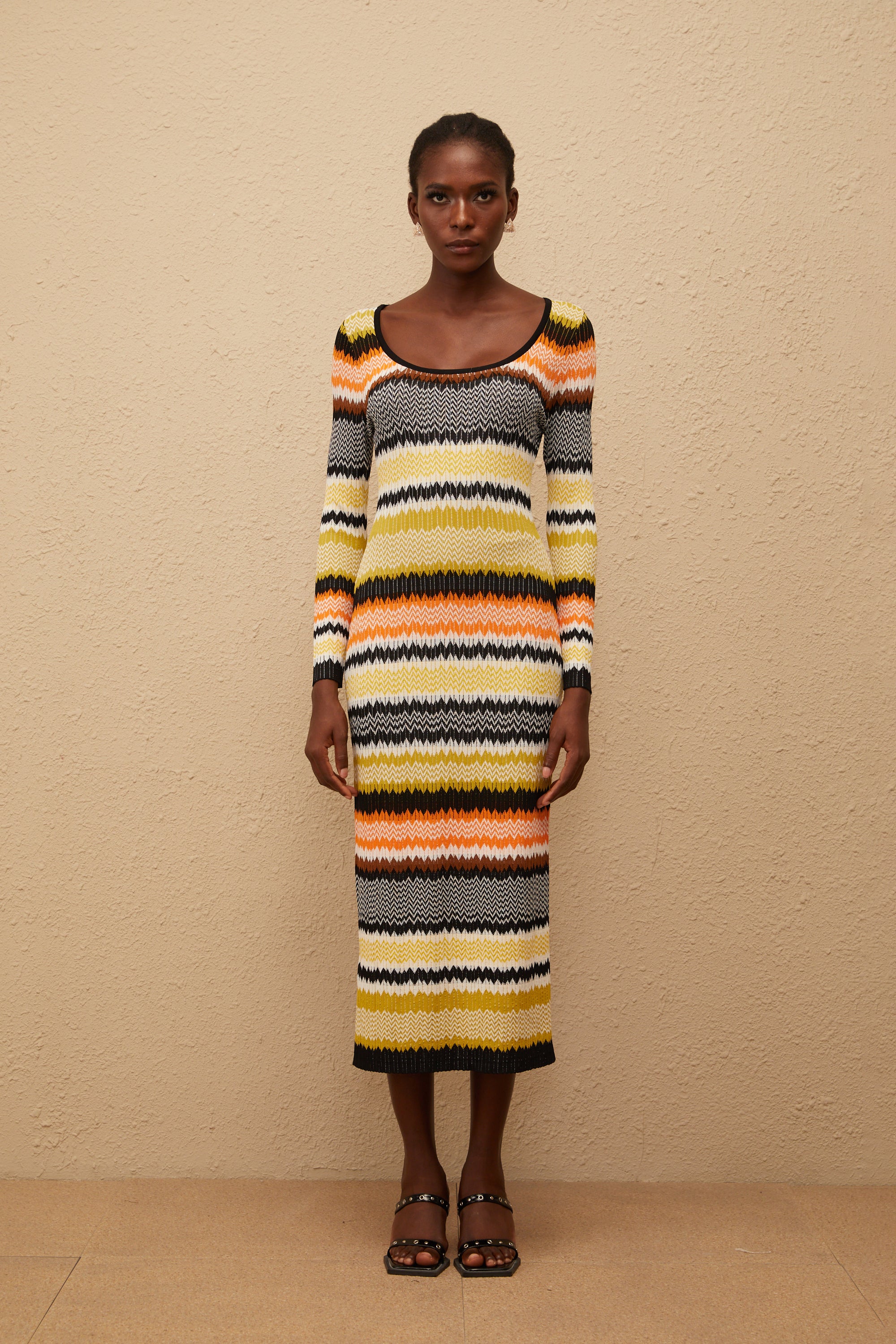 Frédérique Yellow Zigzag Woven Knit Midi Dress