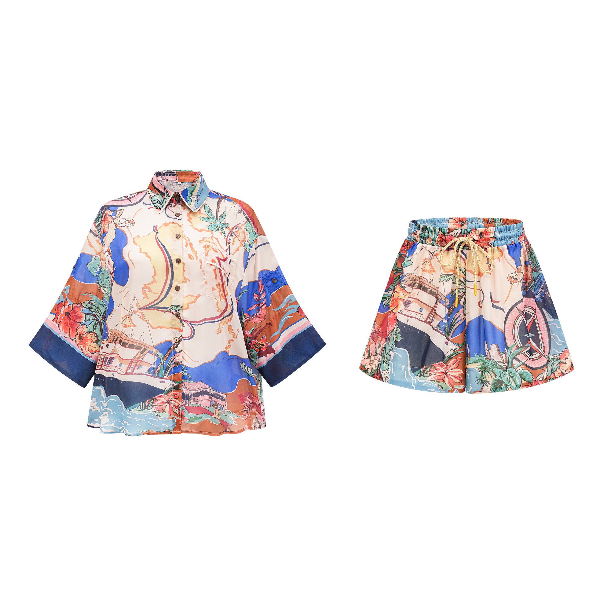 Terra nautical map-print shirt & shorts matching set