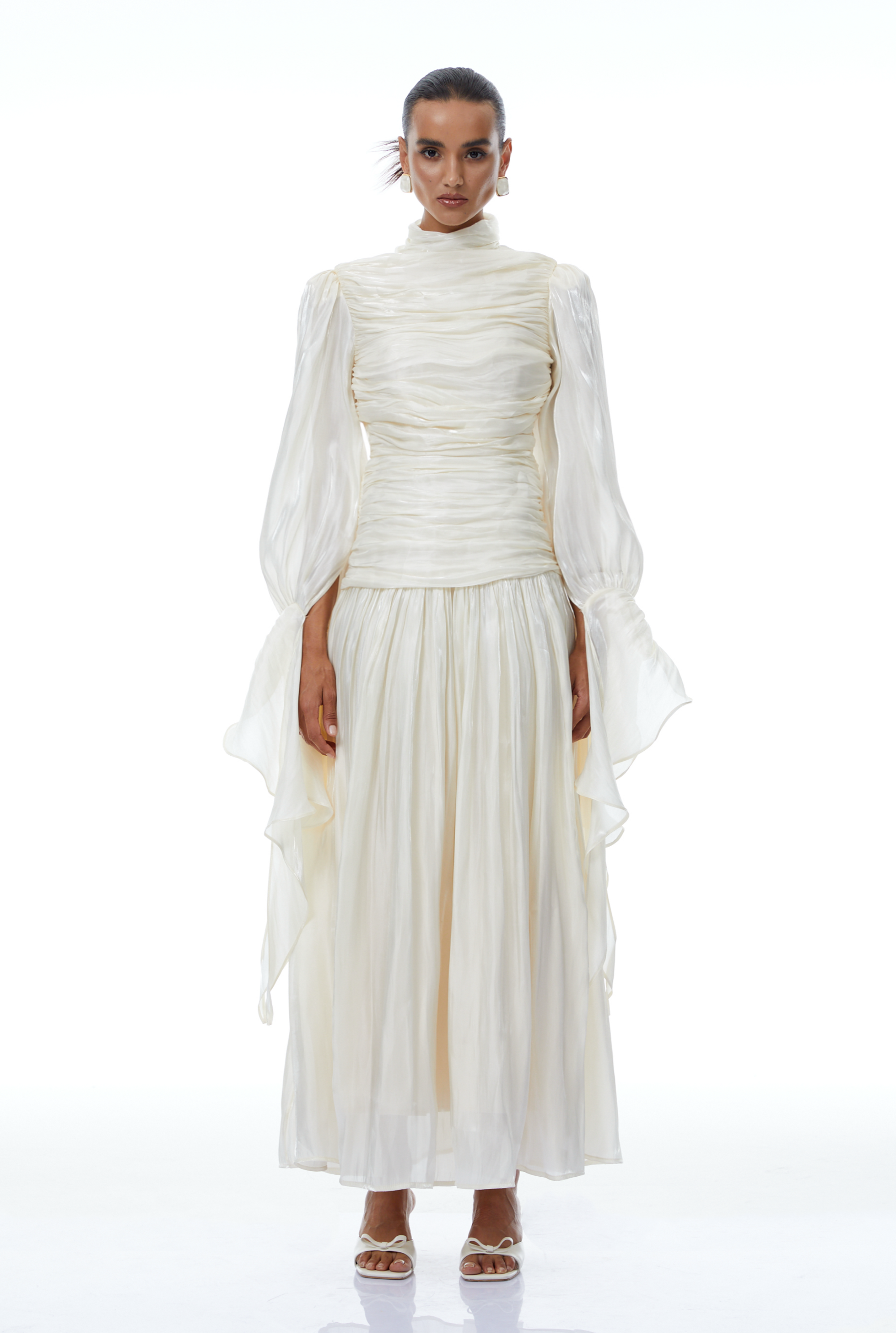 Sarolta Neutral Glossy Ruched Maxi Dress