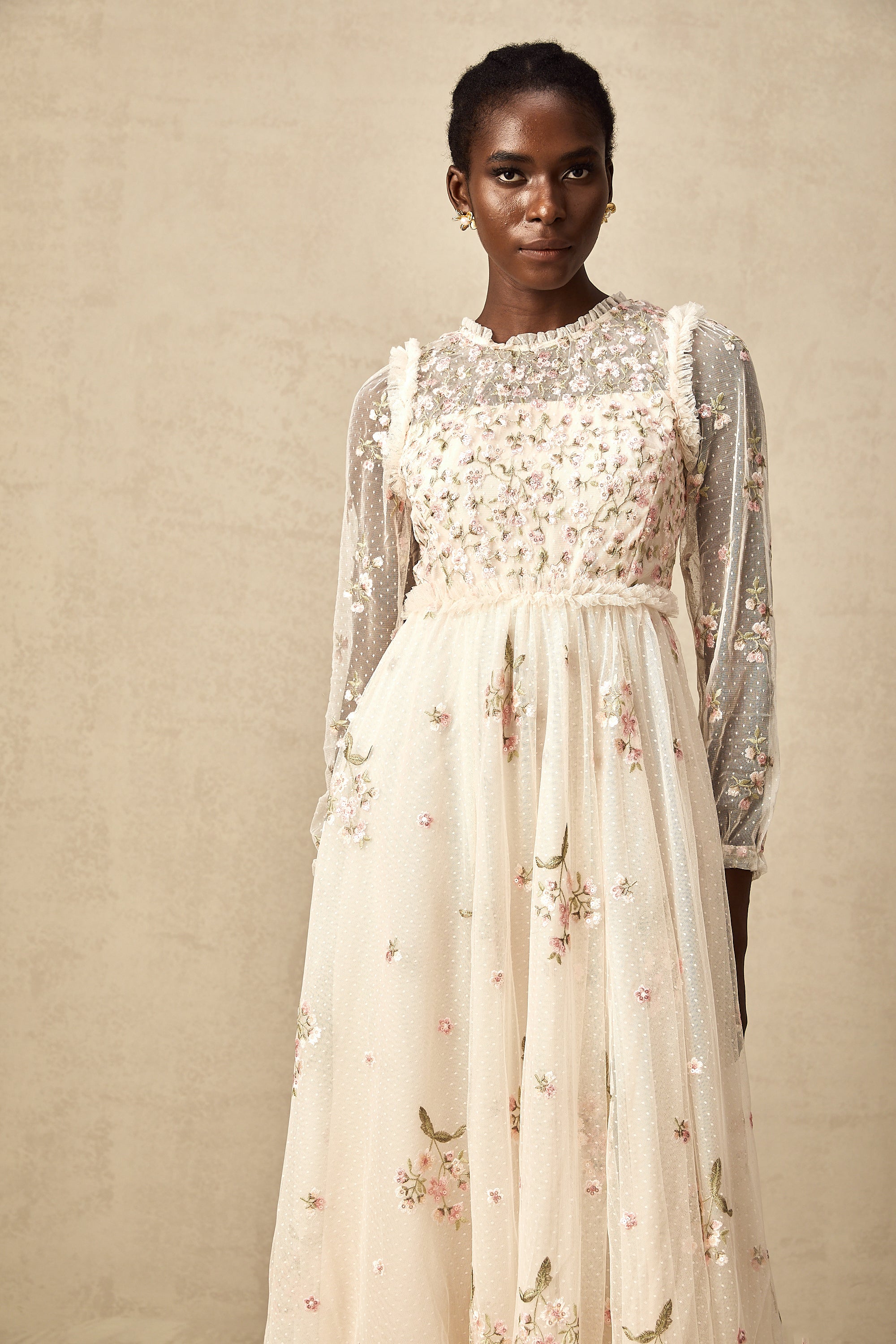 Celine floral-embroidery tulle midi dress