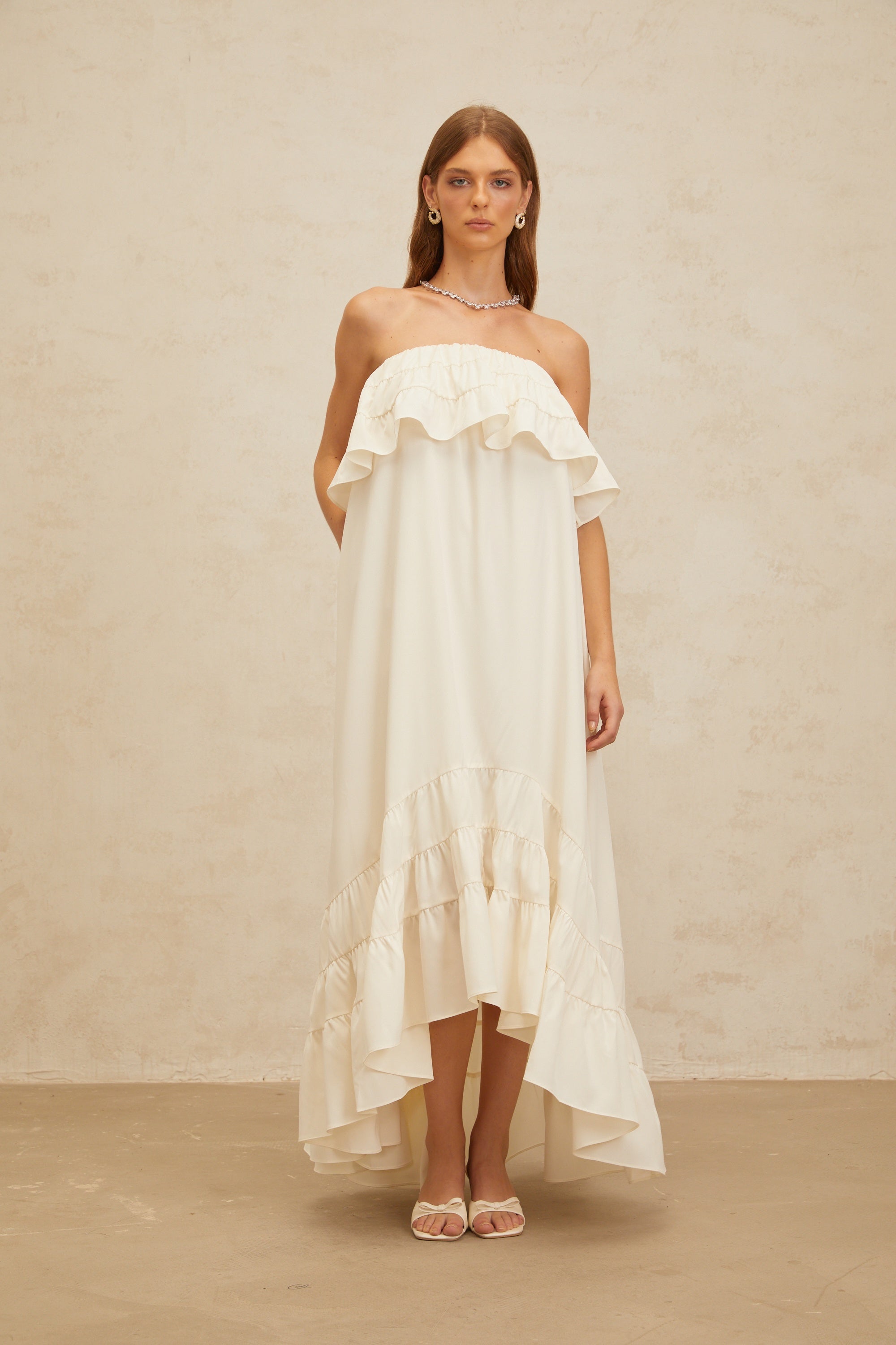 Bénédicte White Vibrant Off Shoulder Shirred Maxi Dress (Final Sale)