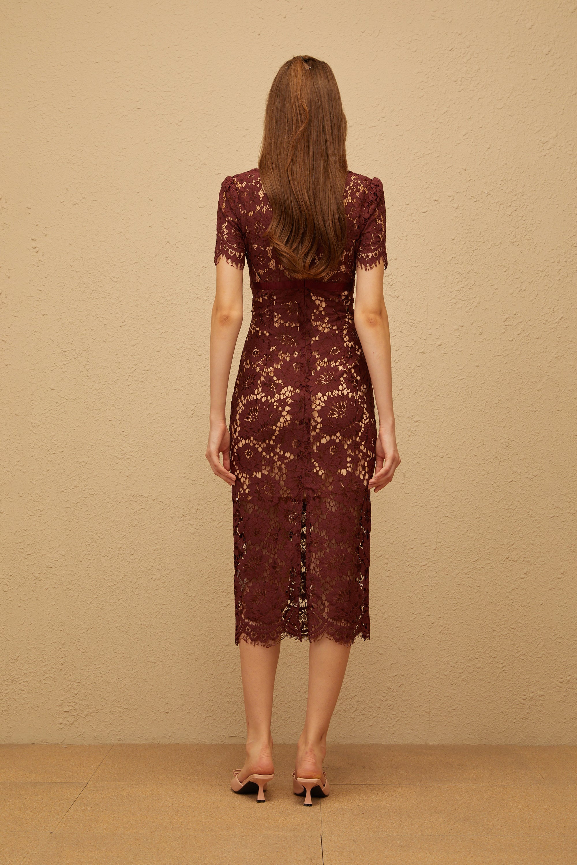 Iris Burgundy Floral Lace Pencil Midi Dress