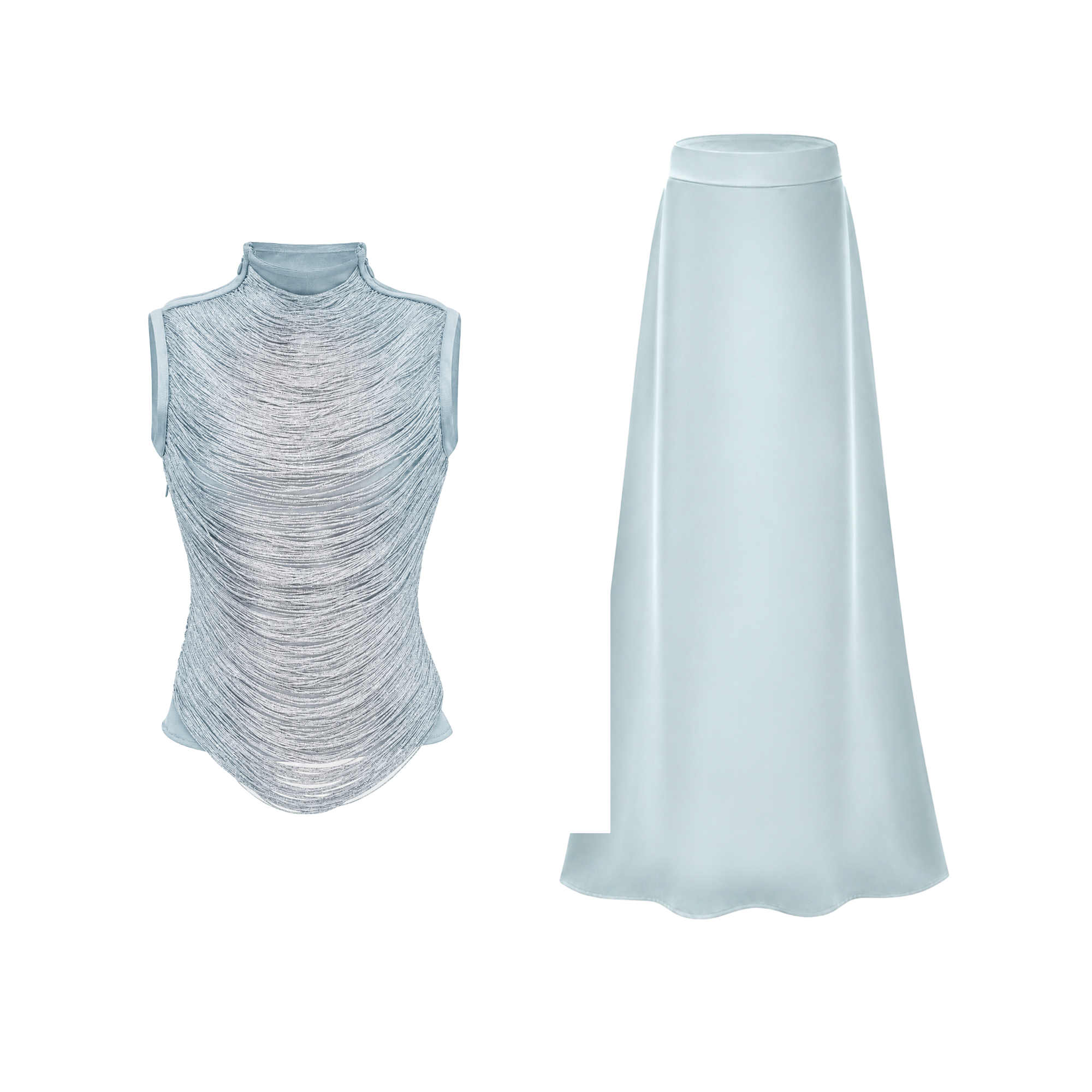 Borbála Blue Fringed Top & Satin Skirt Set