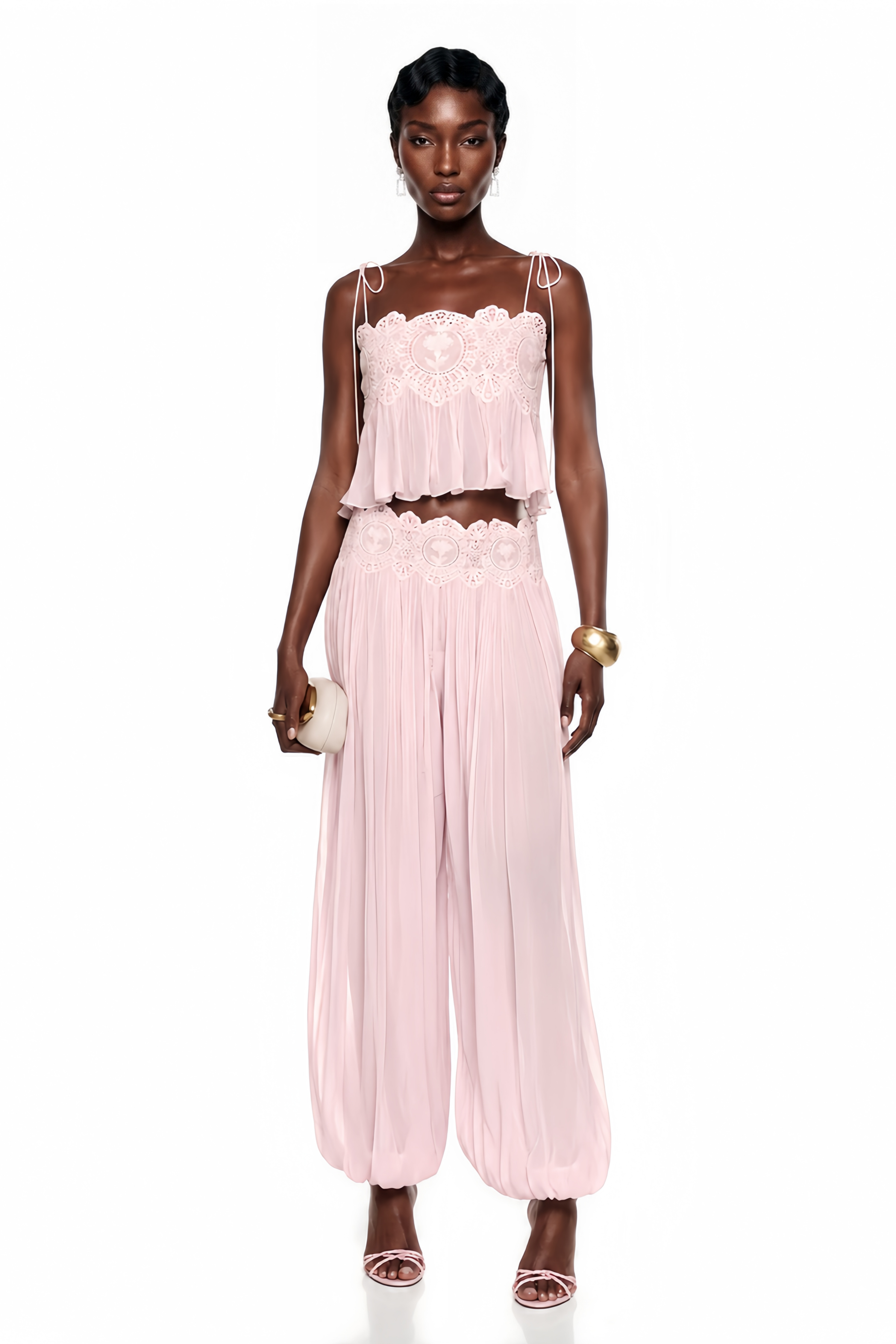 Kamila Pink Lace Trim Ruched Top & Trouser Set