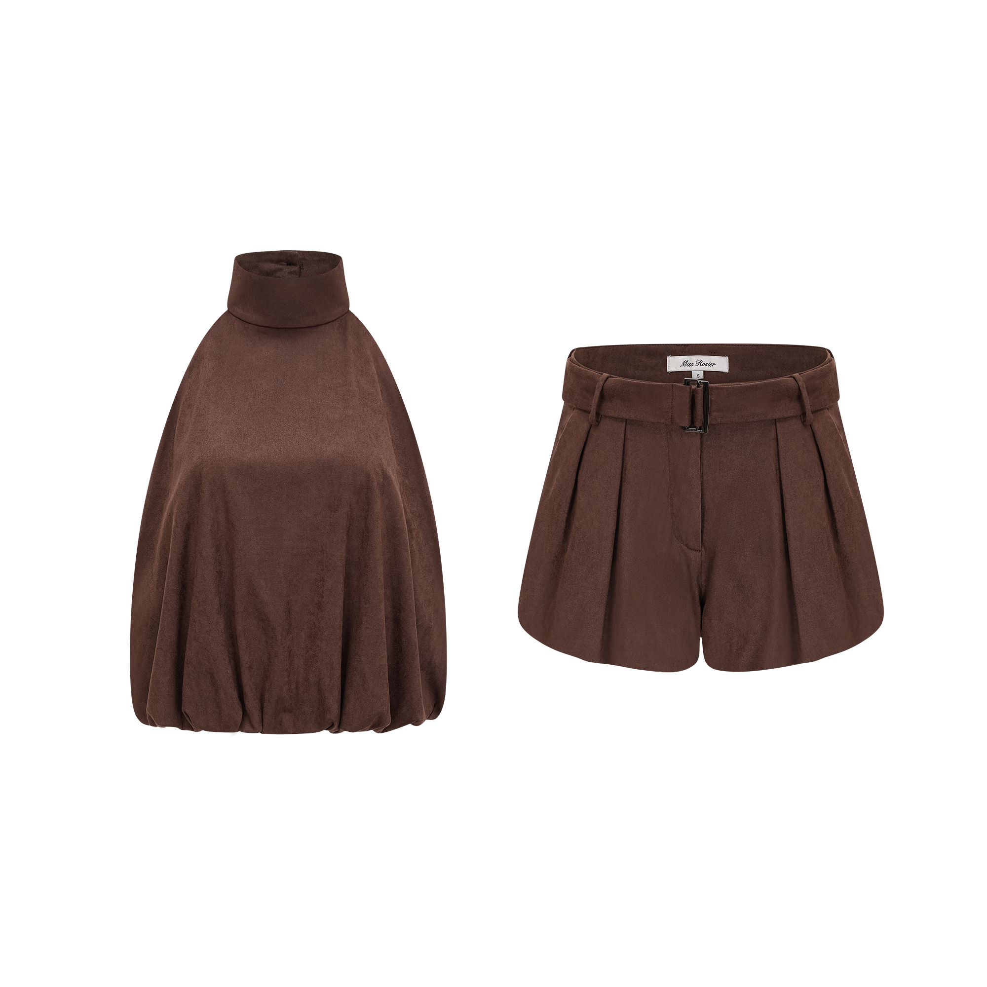 Chaney – Set aus Oberteil und Shorts aus Wildleder mit Ballonsaum in Braun