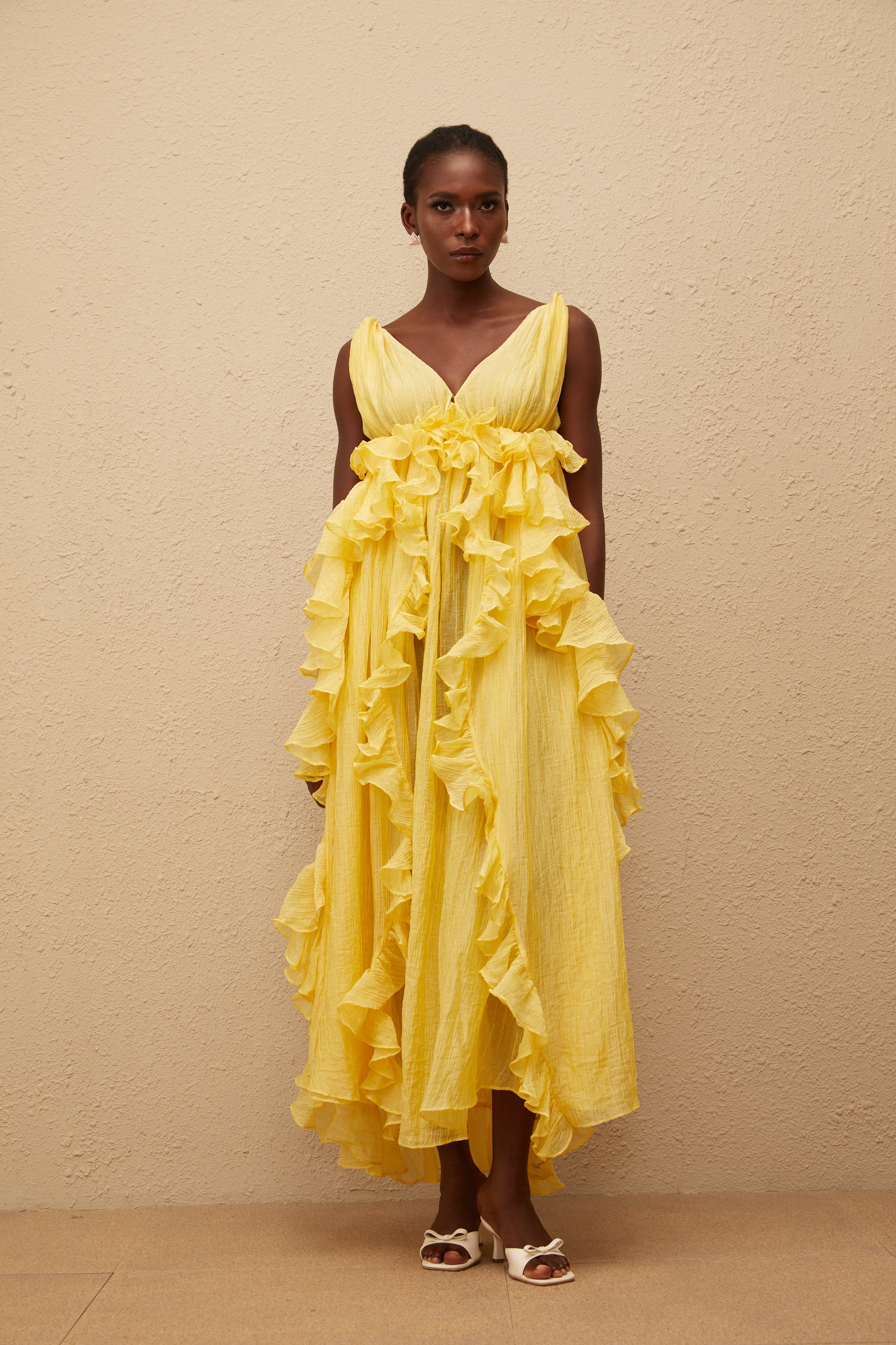 Estelle Yellow Crinkled Ruffled Maxi Dress