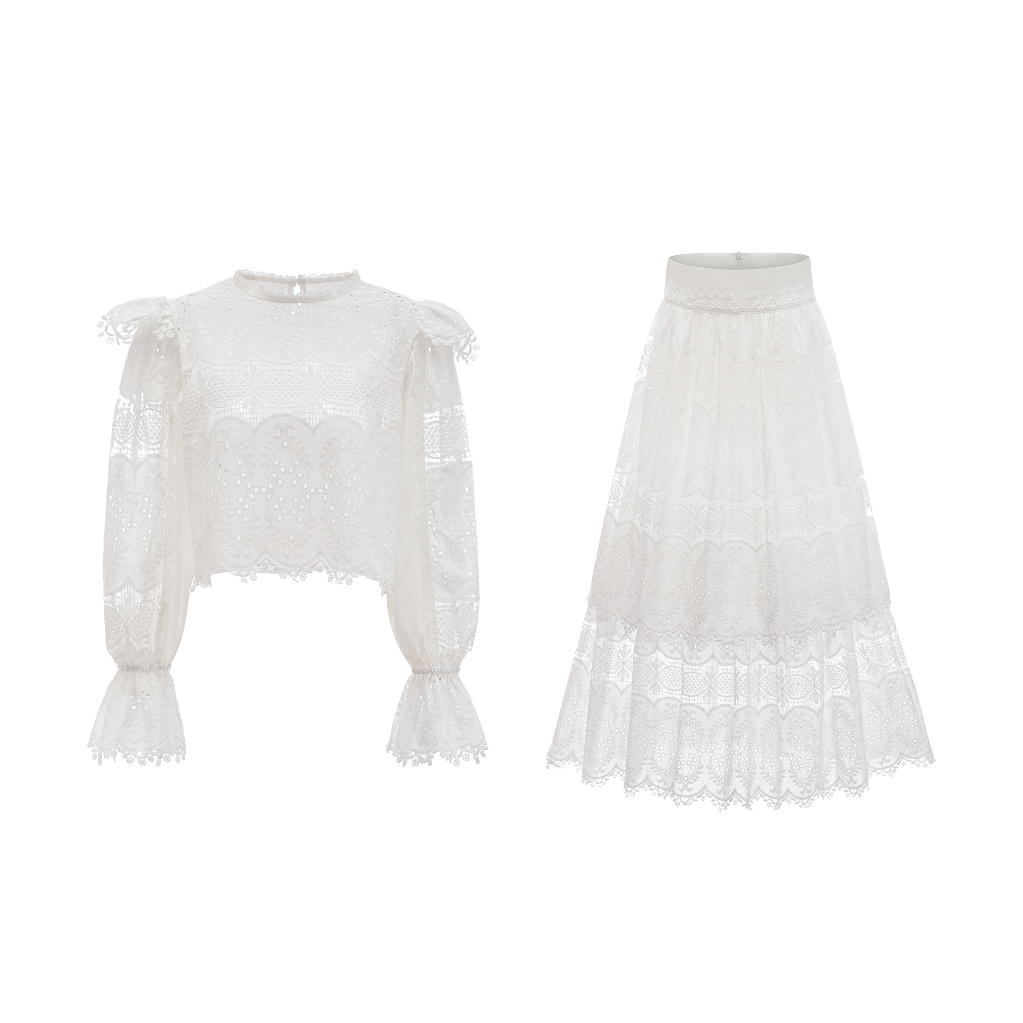 Madeleine lace embroidered cut-out top & skirt matching set