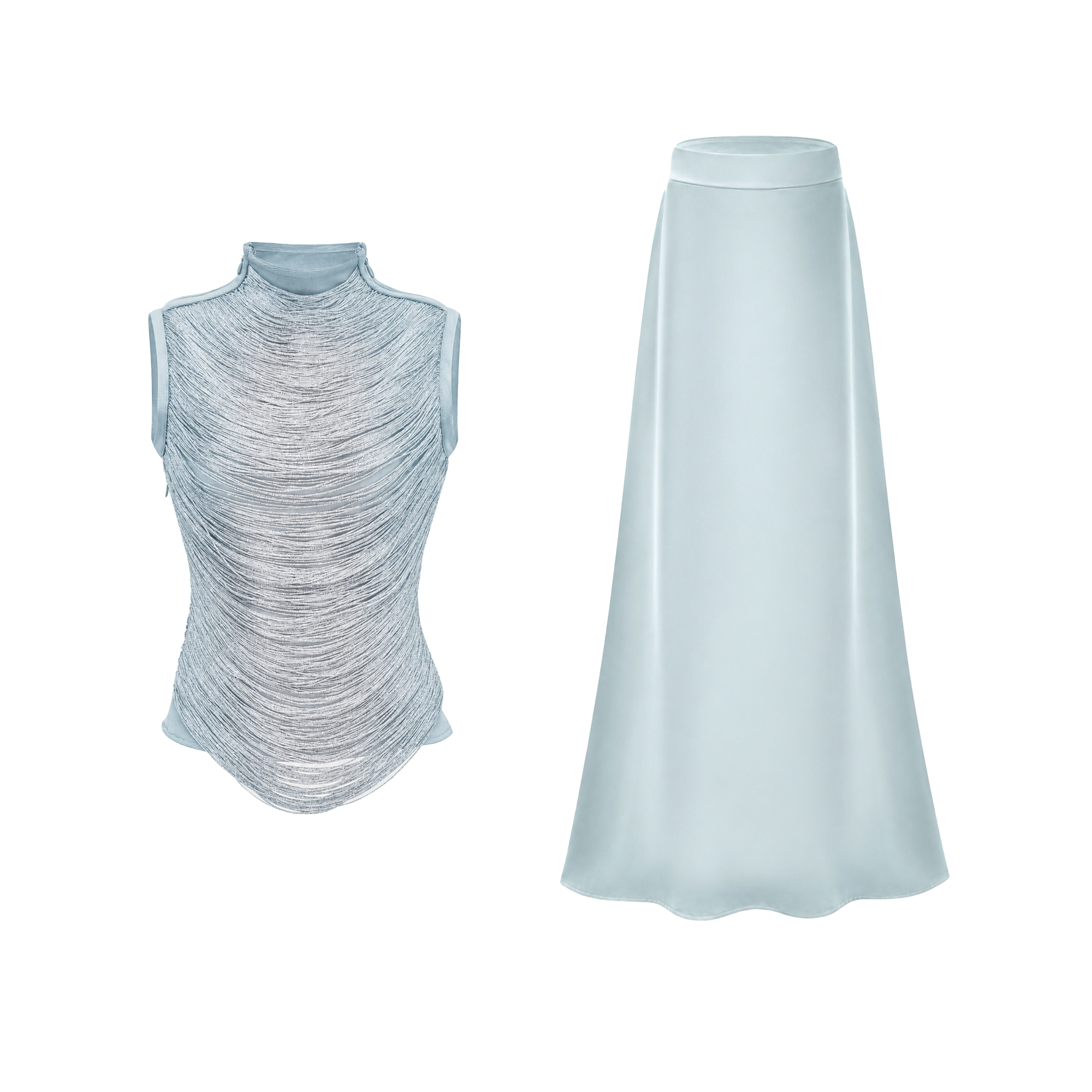 Borbála Blue Fringed Top & Satin Skirt Set