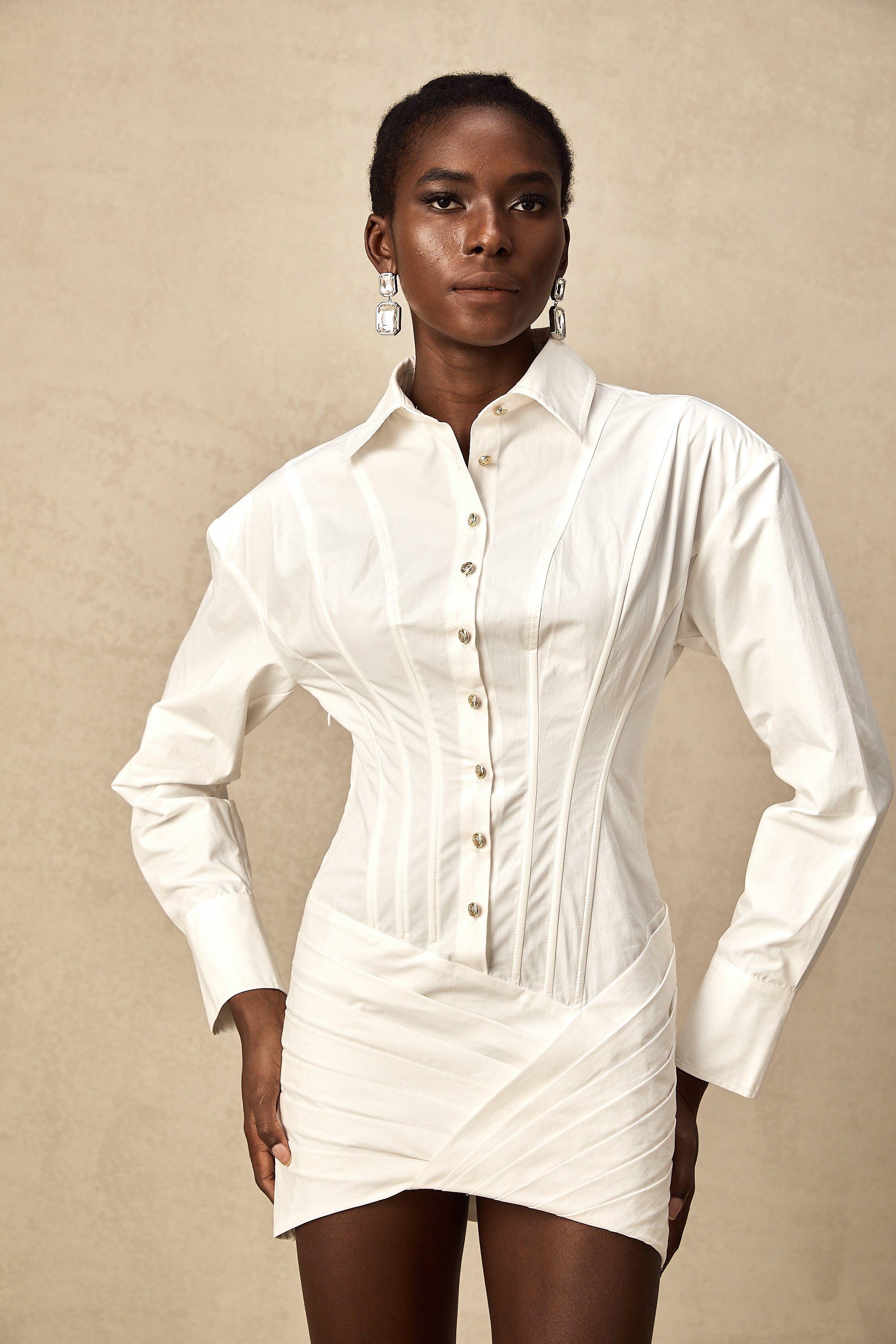 Orlane white cinched-waist pleated mini shirt dress