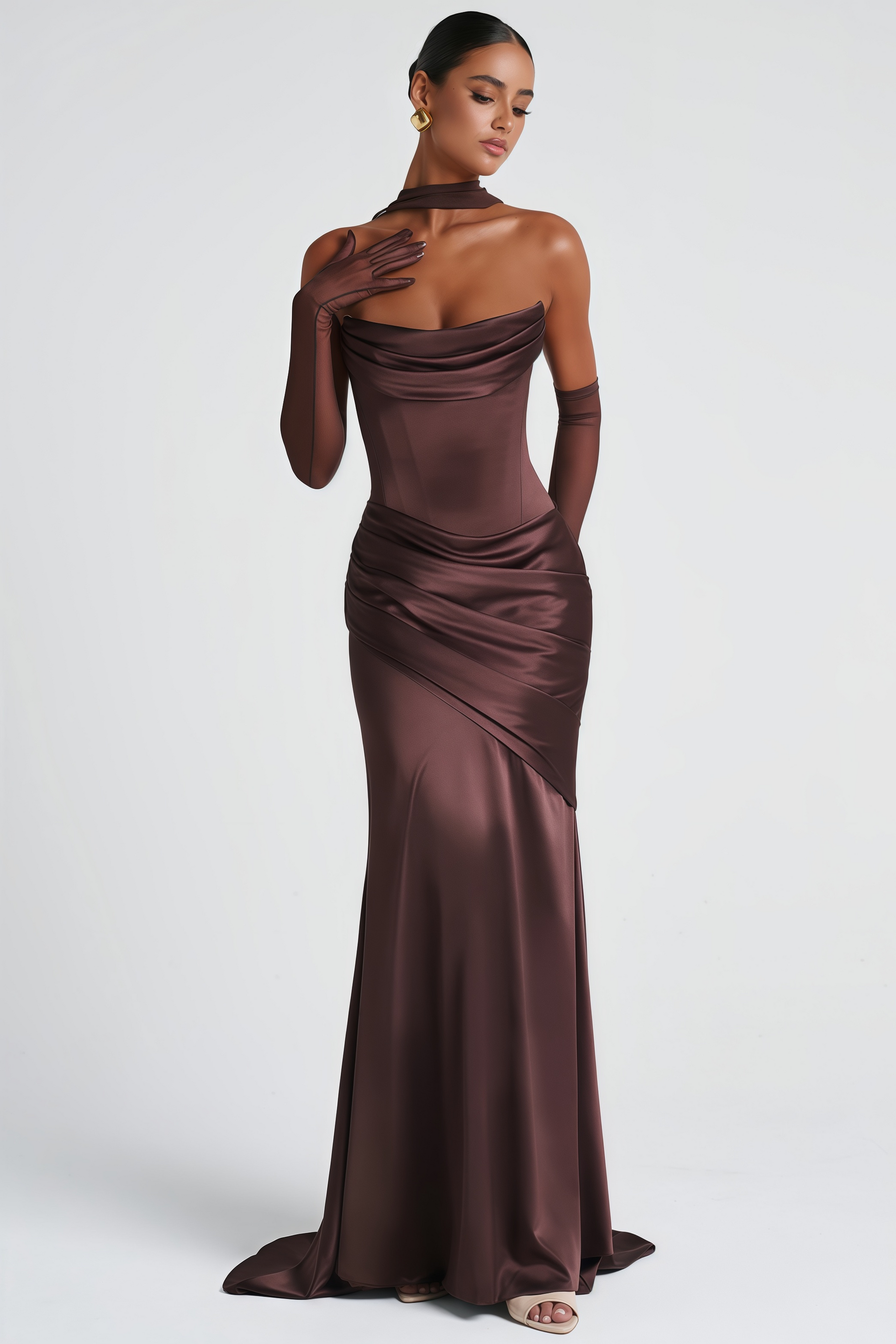 what colour matches burgundy dress Marilou Brown Ruched Satin Maxi Dress, XL / Brown
