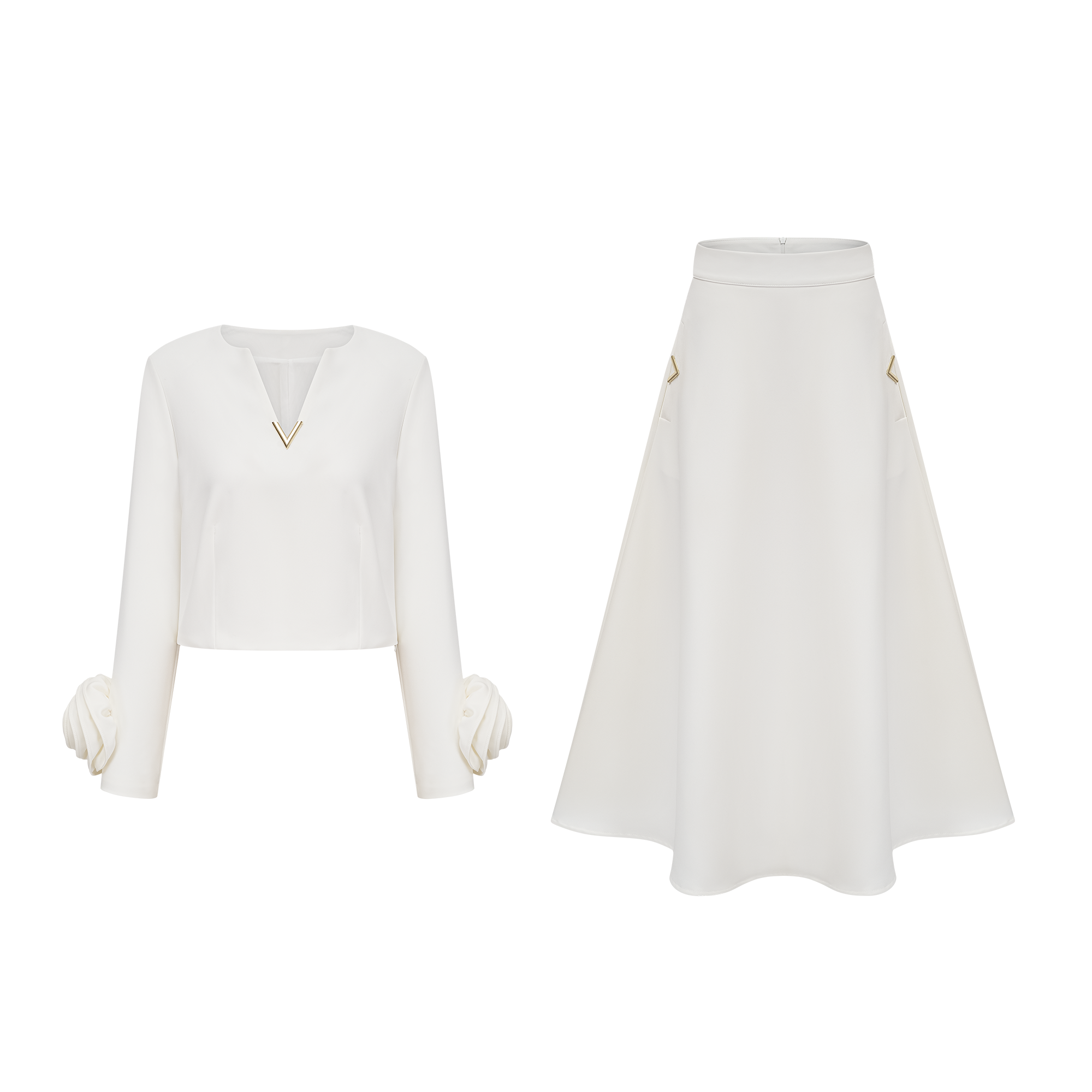 Hilaire white 3d-petal top & skirt matching set