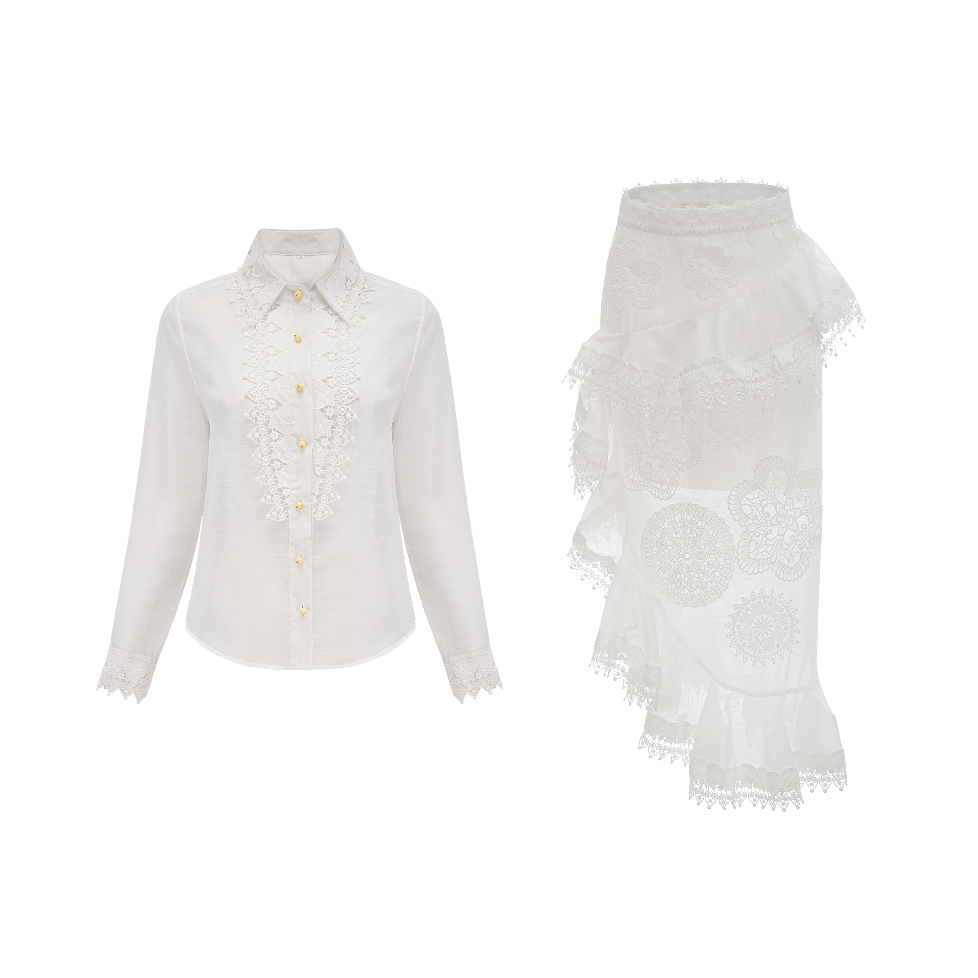 Renée white semi-sheer shirt & skirt matching set