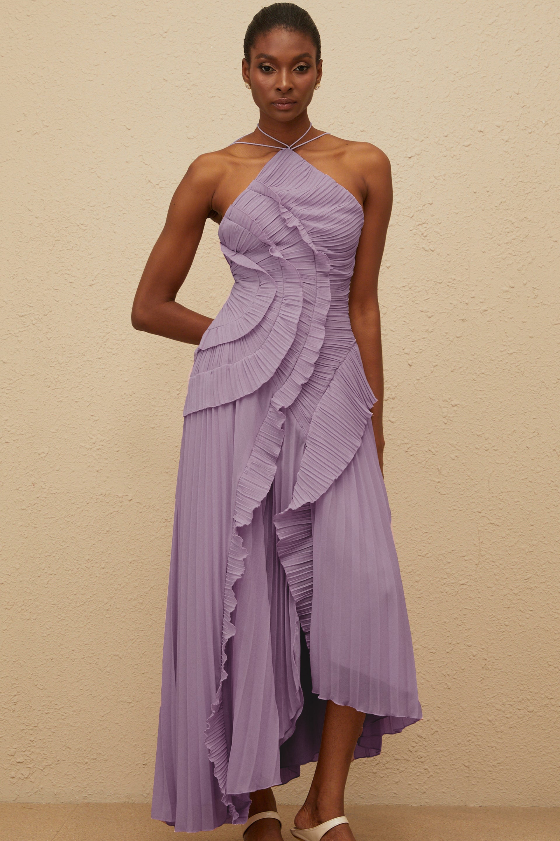 purple pleated midi dress Doux Purple Ruffled Trim Pleated Midi Dress
