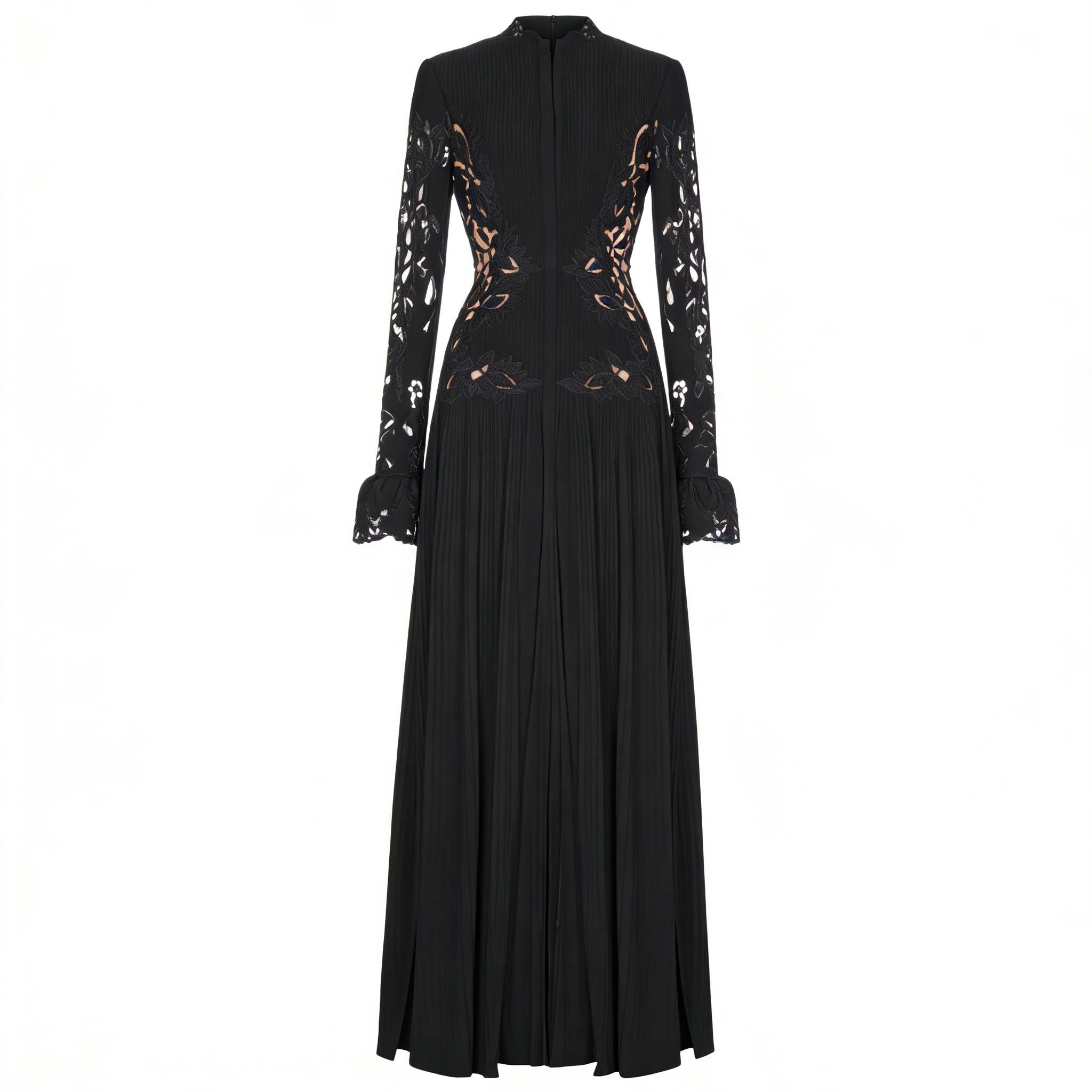 Chiara Black Lace Panel Pleated Midi Dress