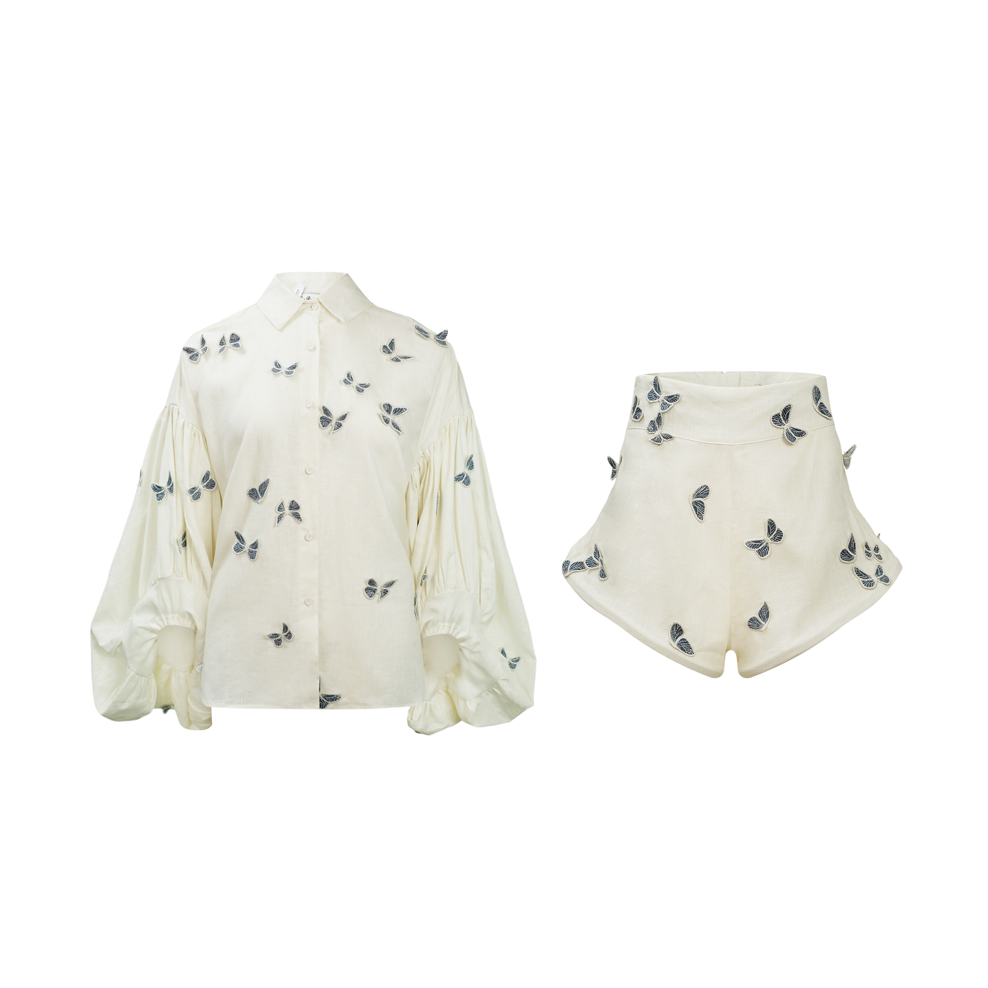 Ophélie White Butterfly Embroidered Shirt & Shorts Set