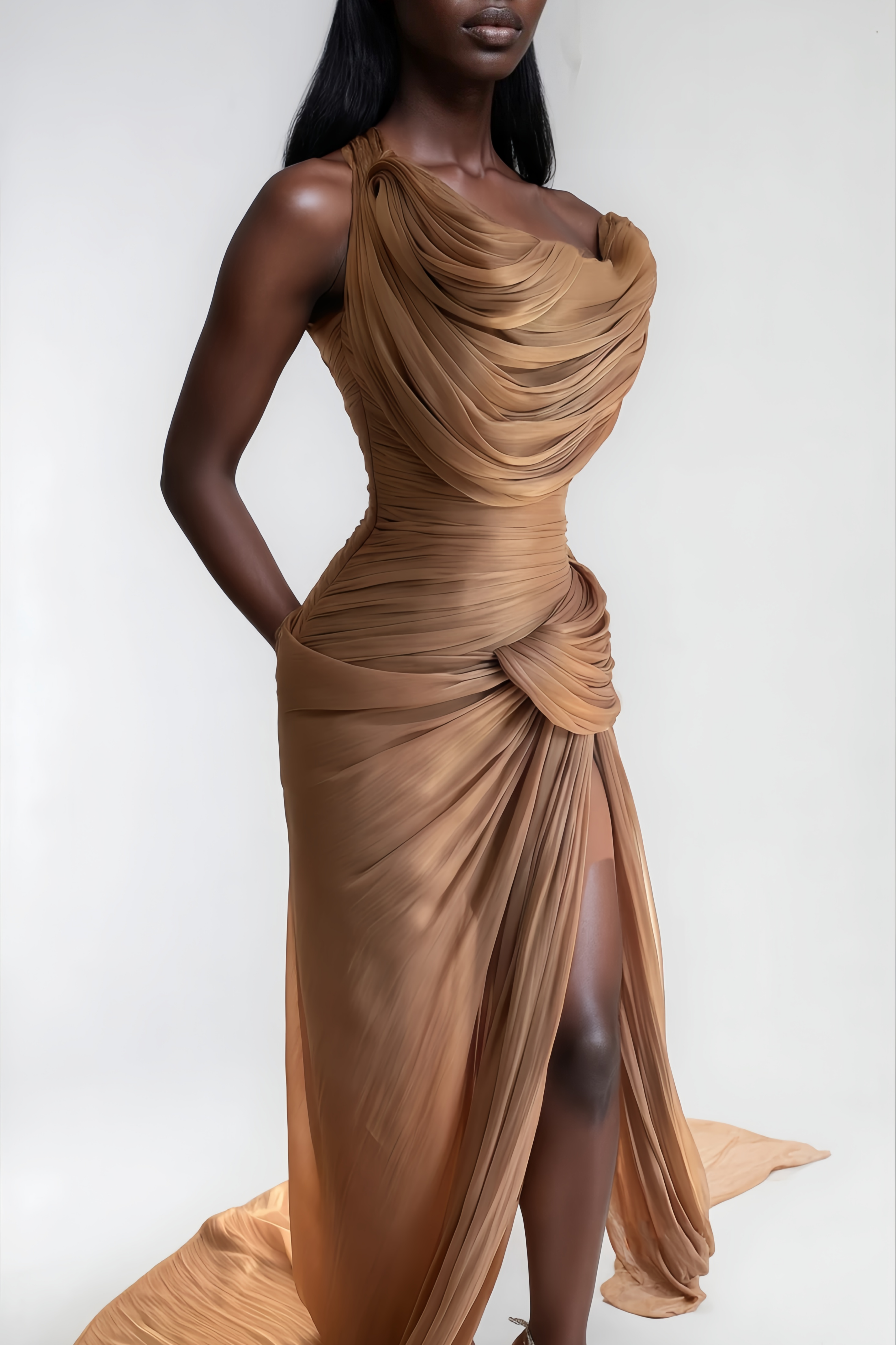 Gelsomina Gold Asymmetrical Glossy Gathered Maxi Dress