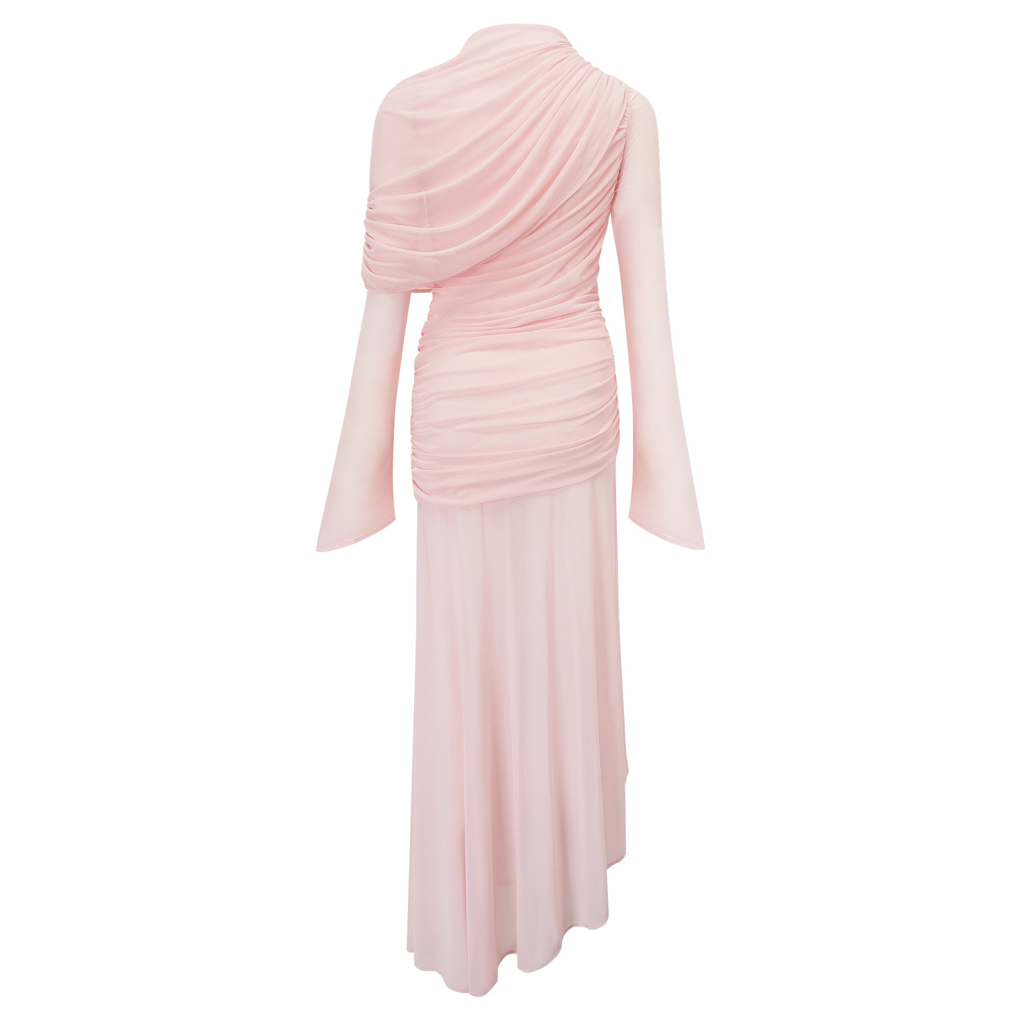 Garance Pink Asymmetrical Ruched Mesh Maxi Dress