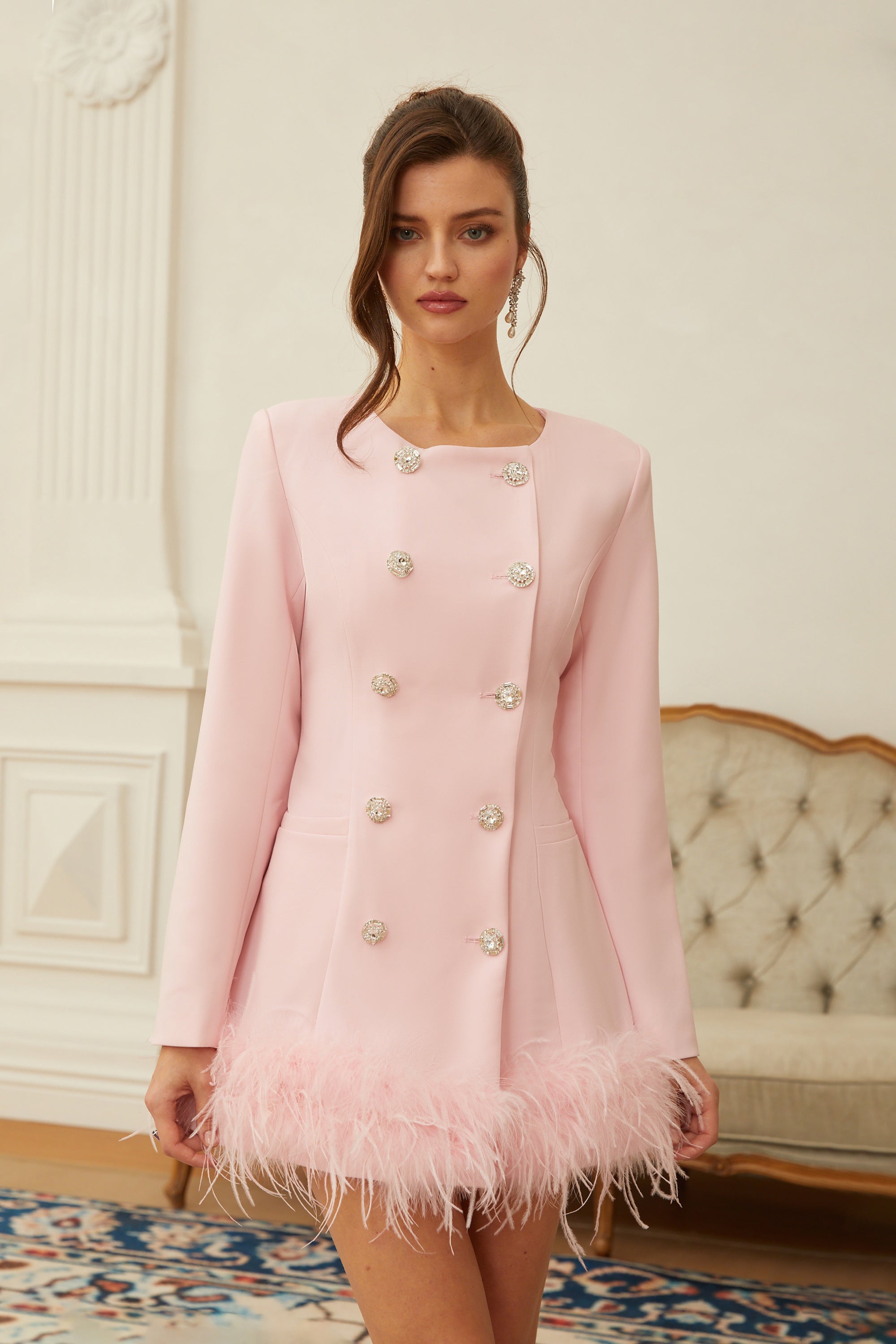 Freja Pink Feather Trim Mini Blazer Dress