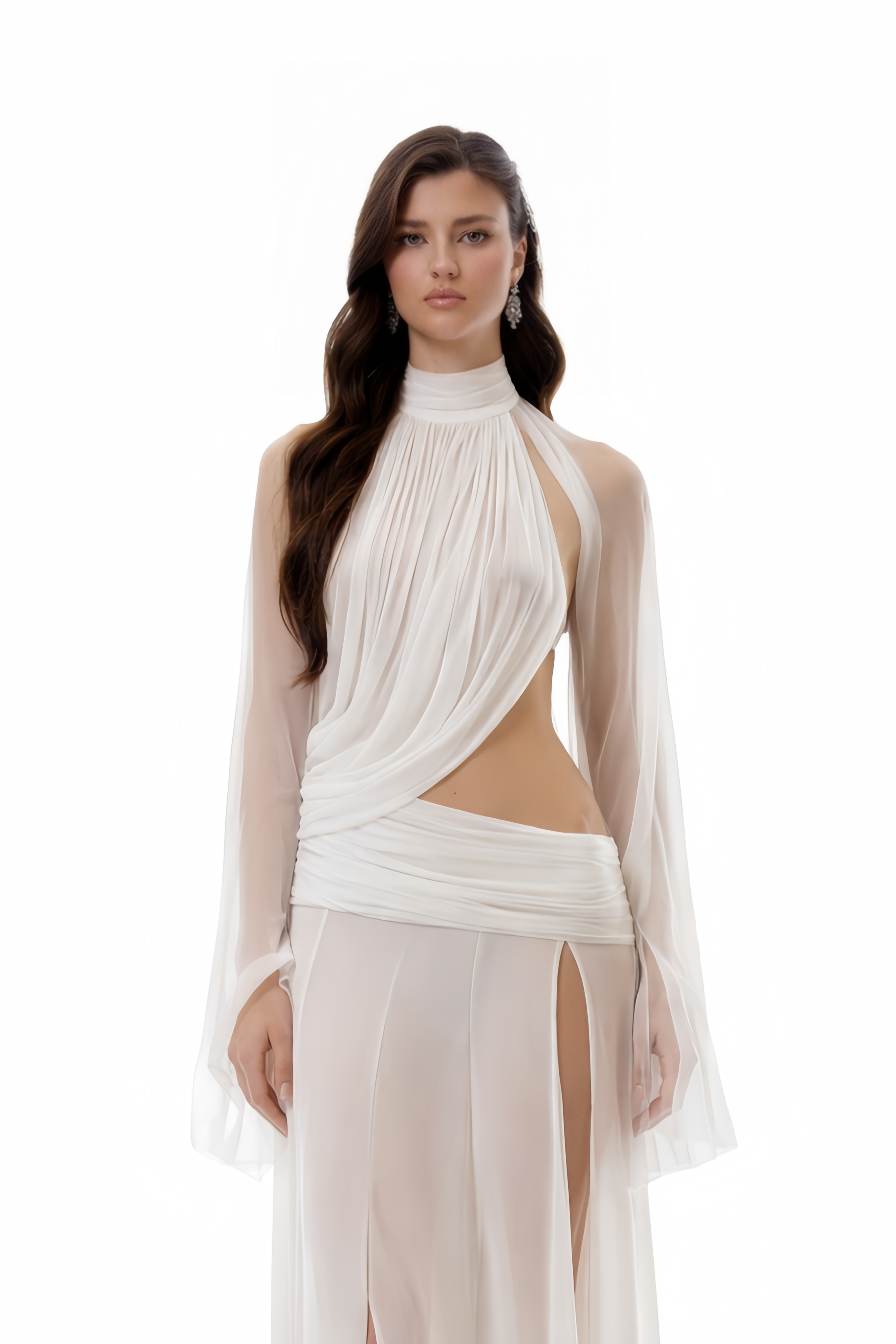 Giuseppina White High Neck Cut-Out Top & Skirt Set