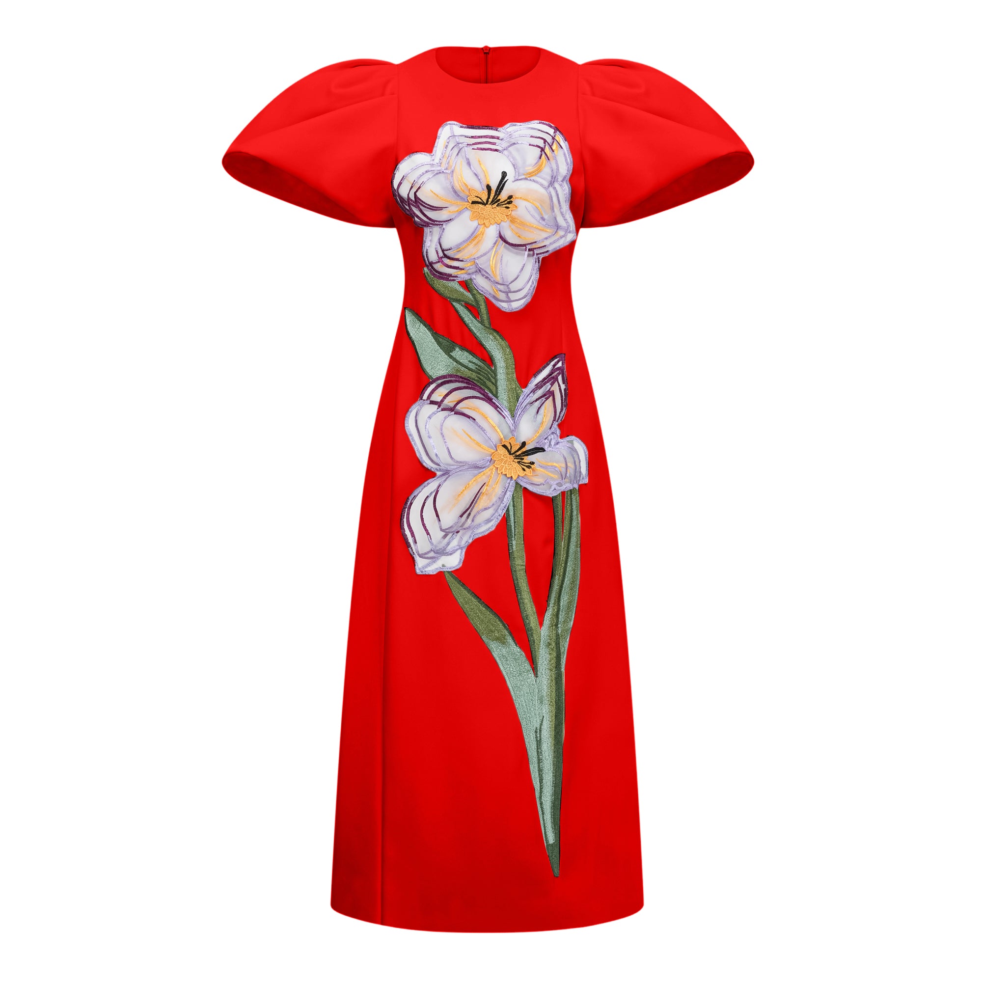 Irène Red Sequined Floral Embroidered Midi Dress
