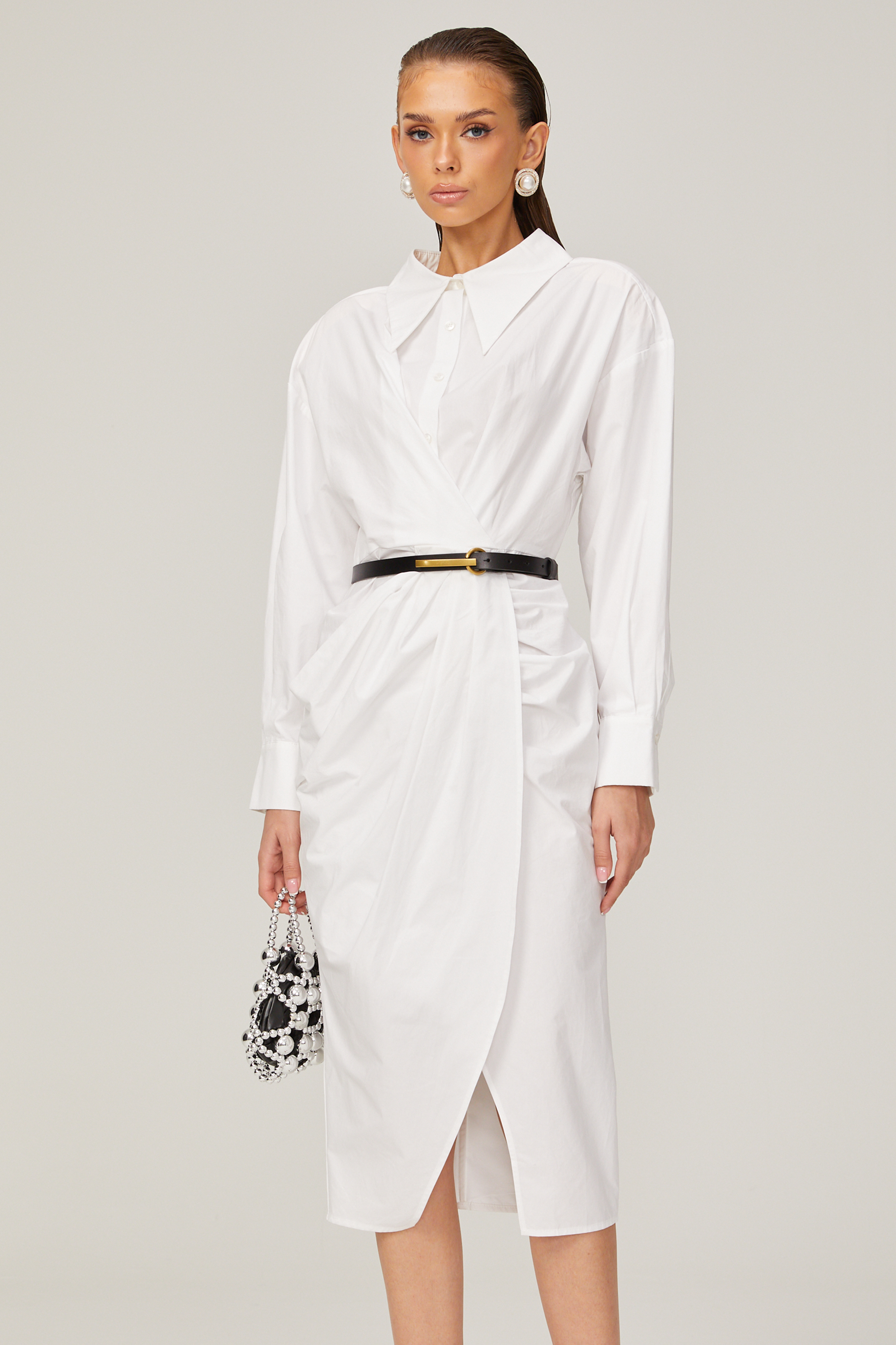 Dorothée white warp-design midi shirt dress