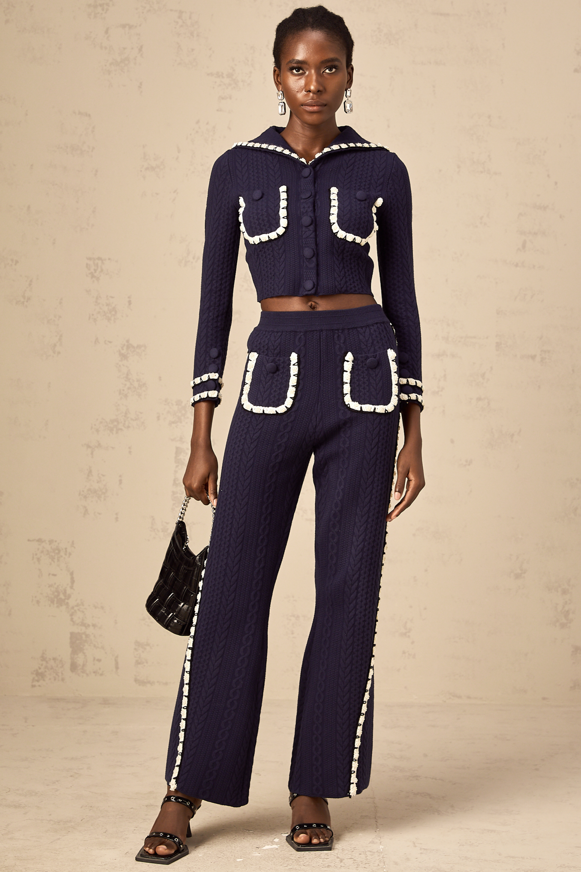 Elvira navy blue crochet-knit cardigan & trousers matching set