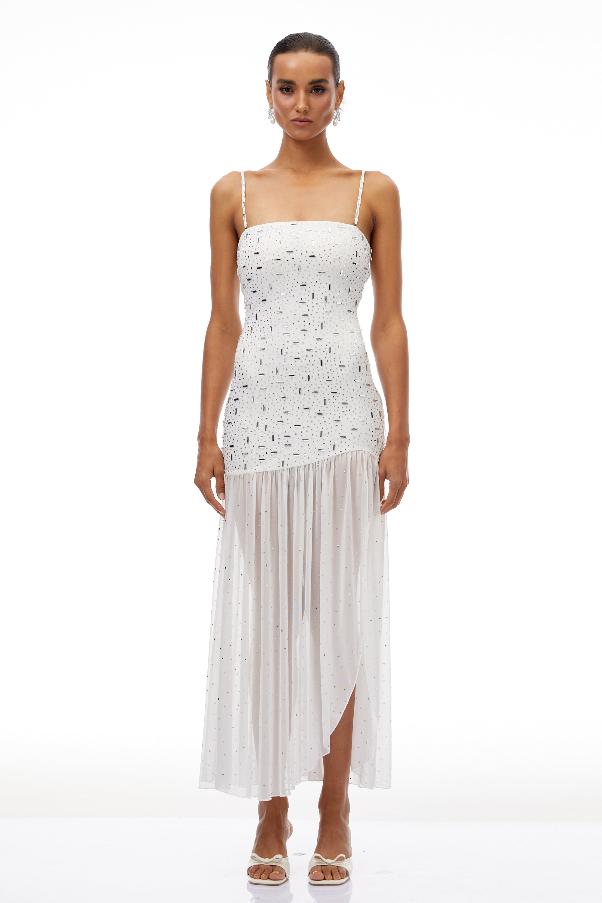 Apollonia Weißes Strass-Maxikleid mit asymmetrischem Muster