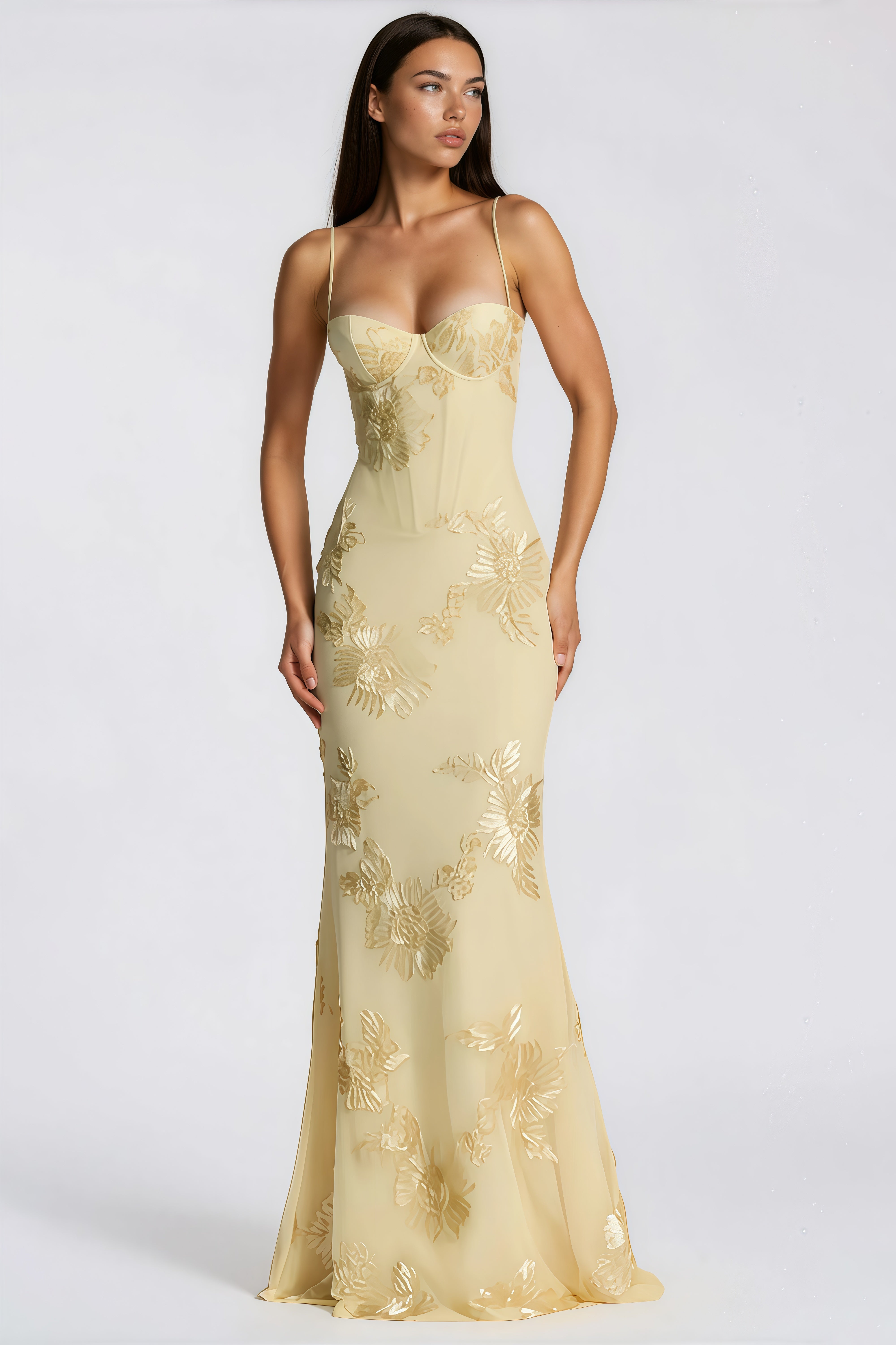 Théoline Yellow Floral Appliqué Corset Maxi Dress