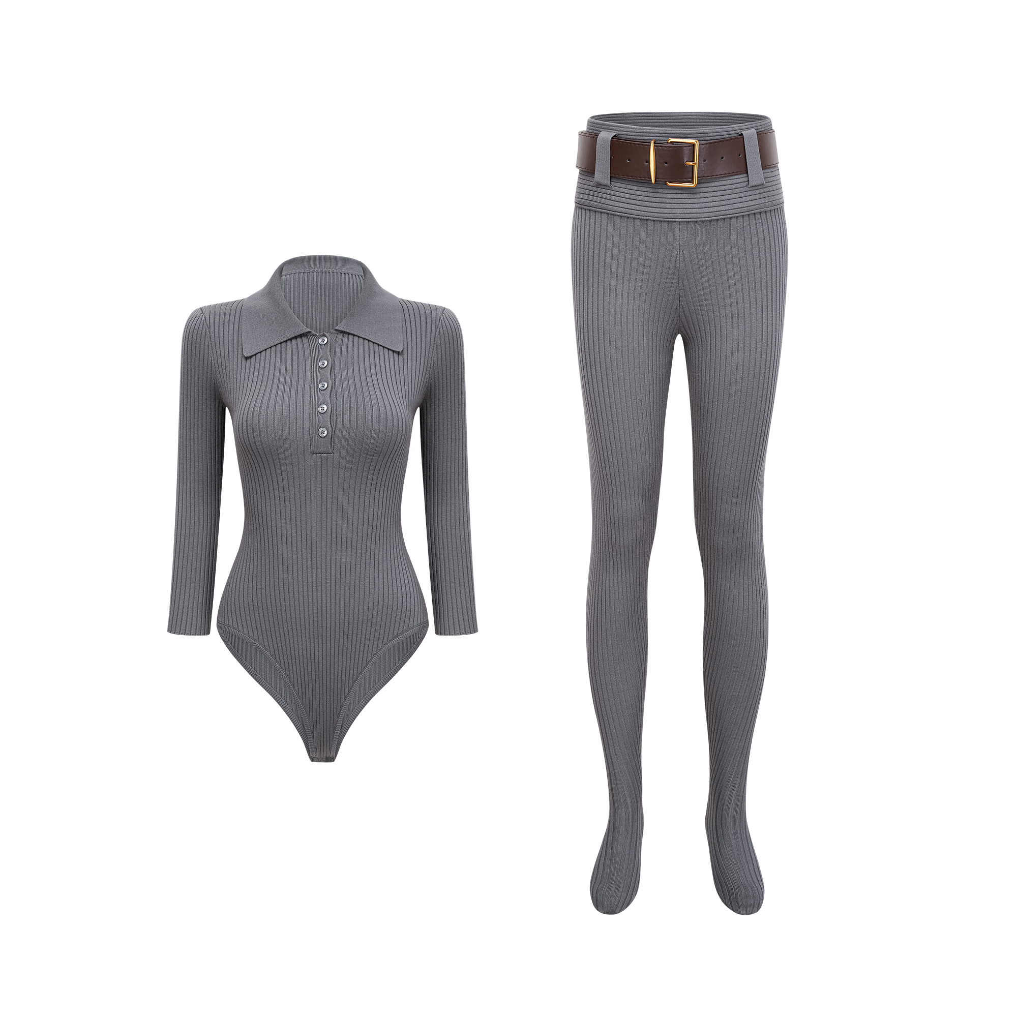 Claire Grey Ribbed Knit Bodysuit & Trousers Set