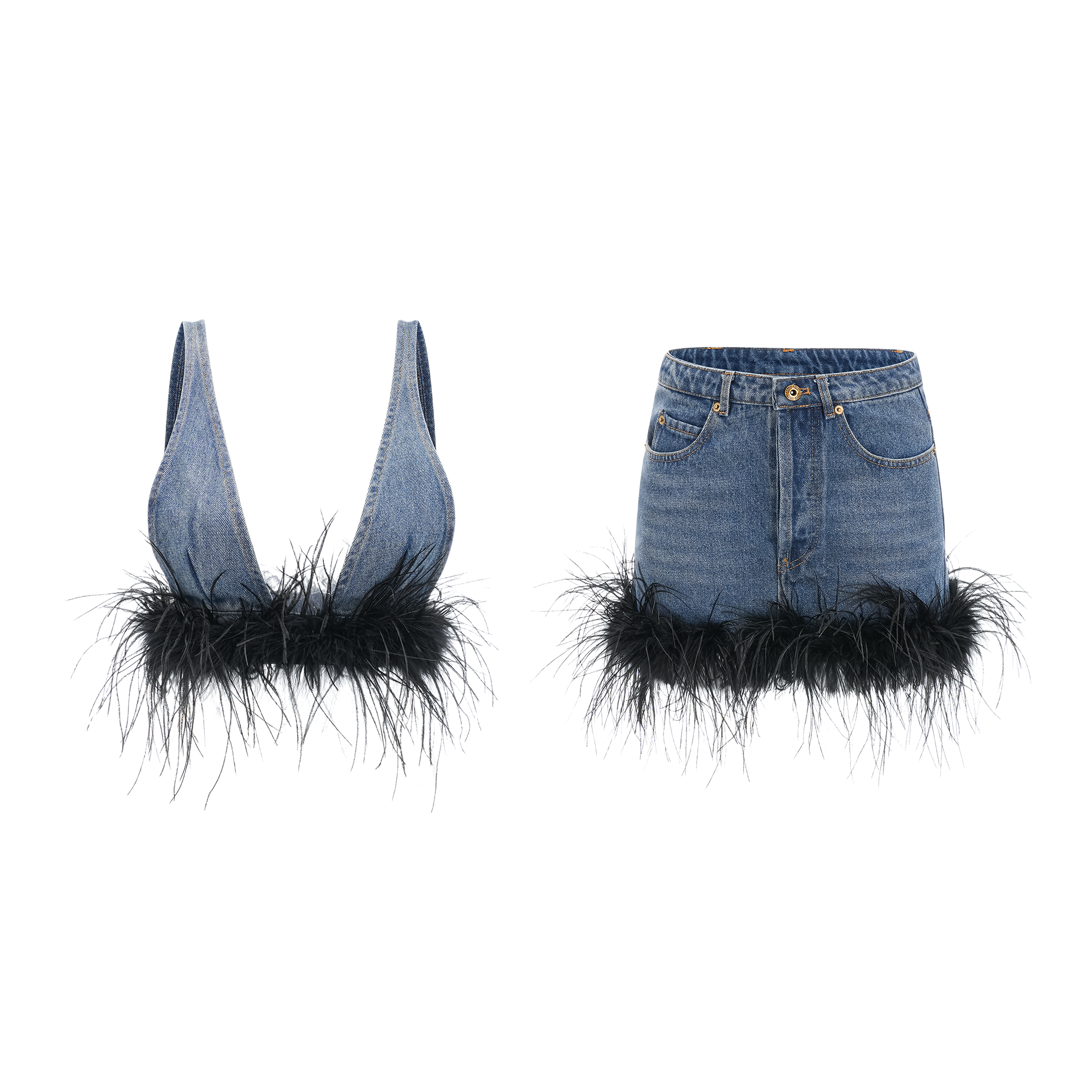 Milia feather denim top & skirt matching set