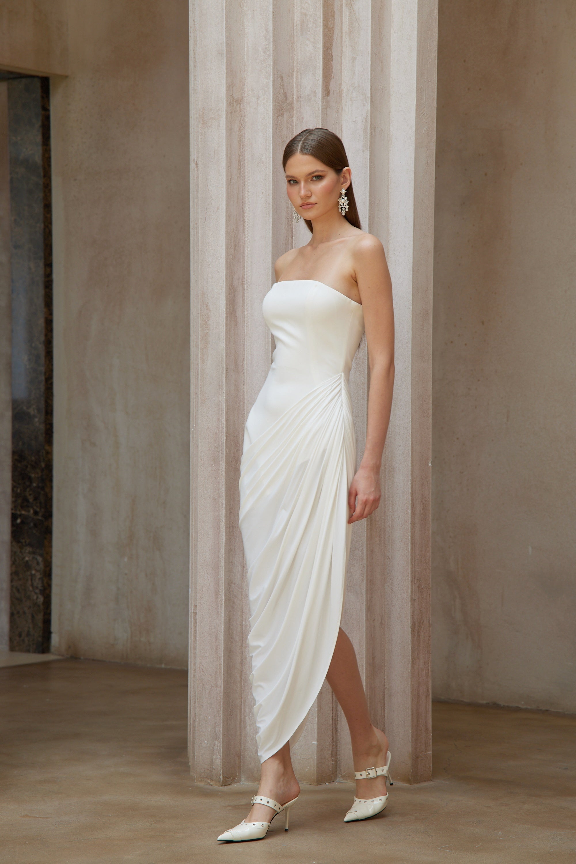 Wanda White Asymmetrical Ruched Midi Dress