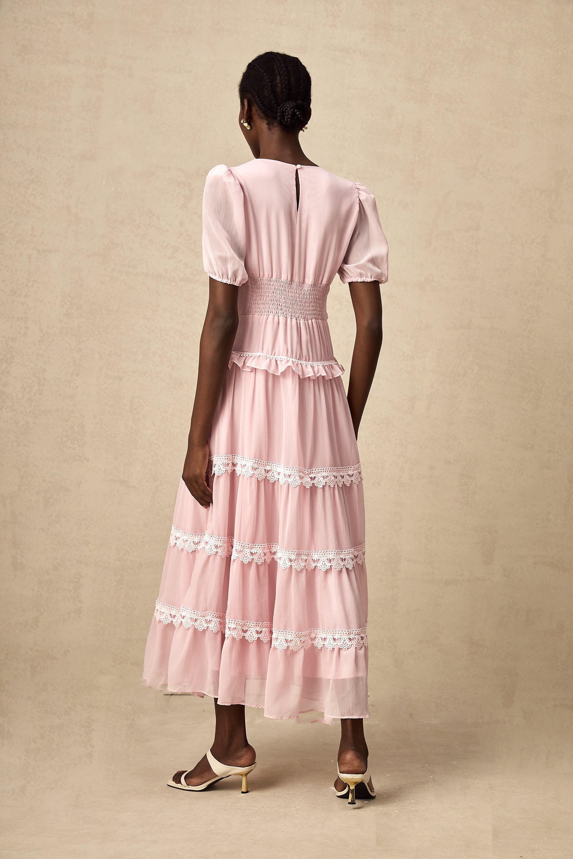 Amelie pink ruffled tiered midi dress