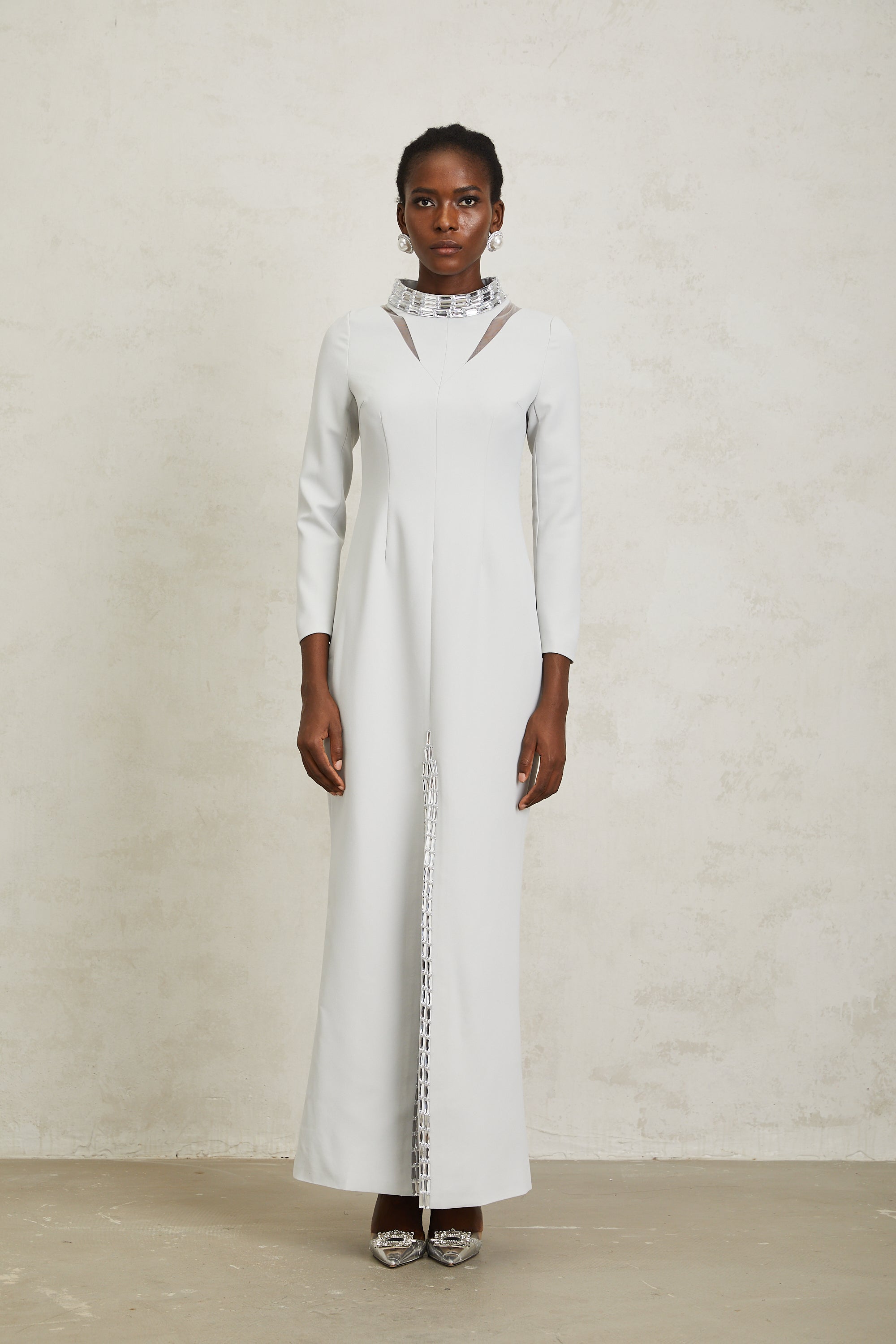 Magdalena Light Grey Crystal Embellished Maxi Dress