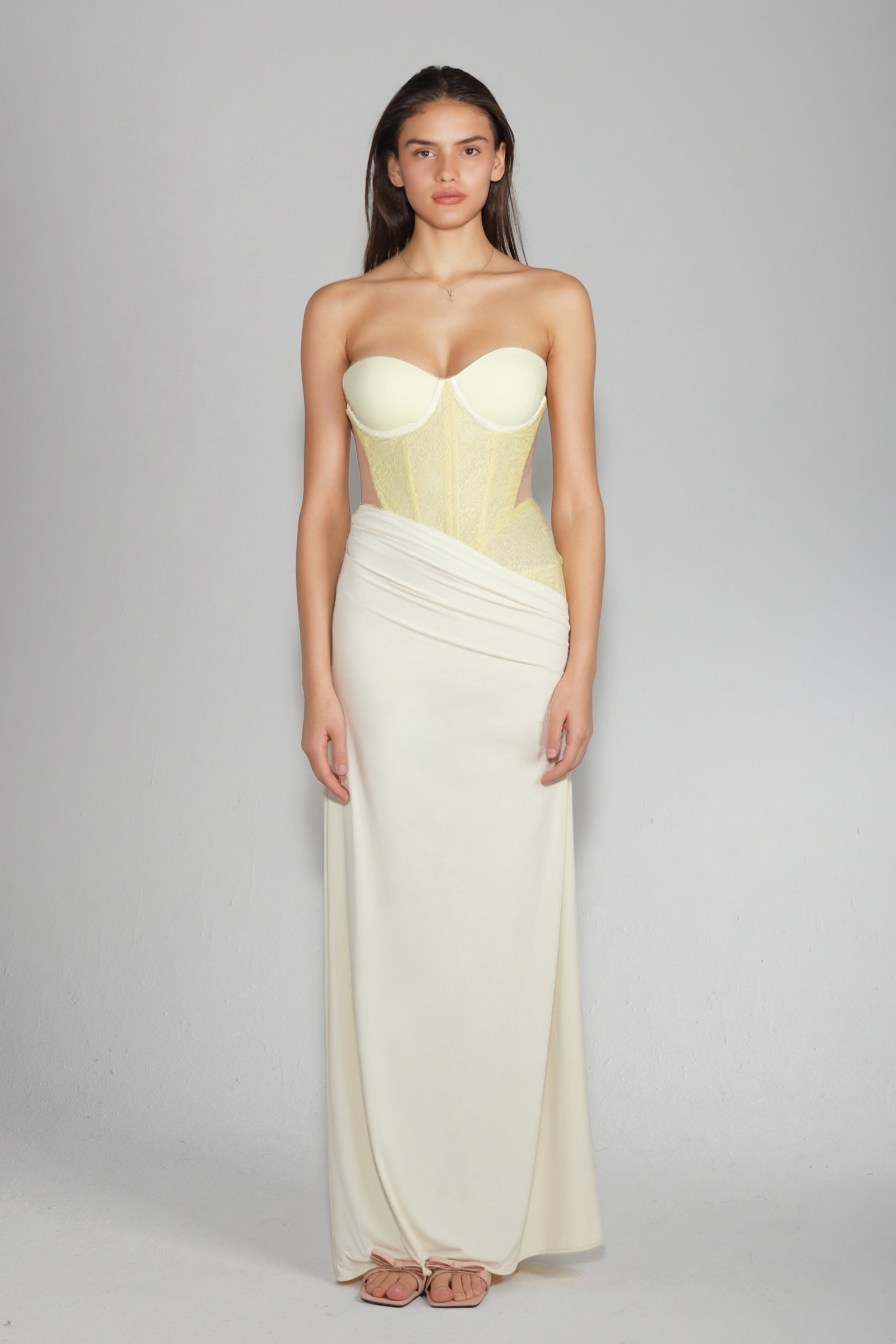 Beata Yellow Lace Corset Bodice Maxi Dress
