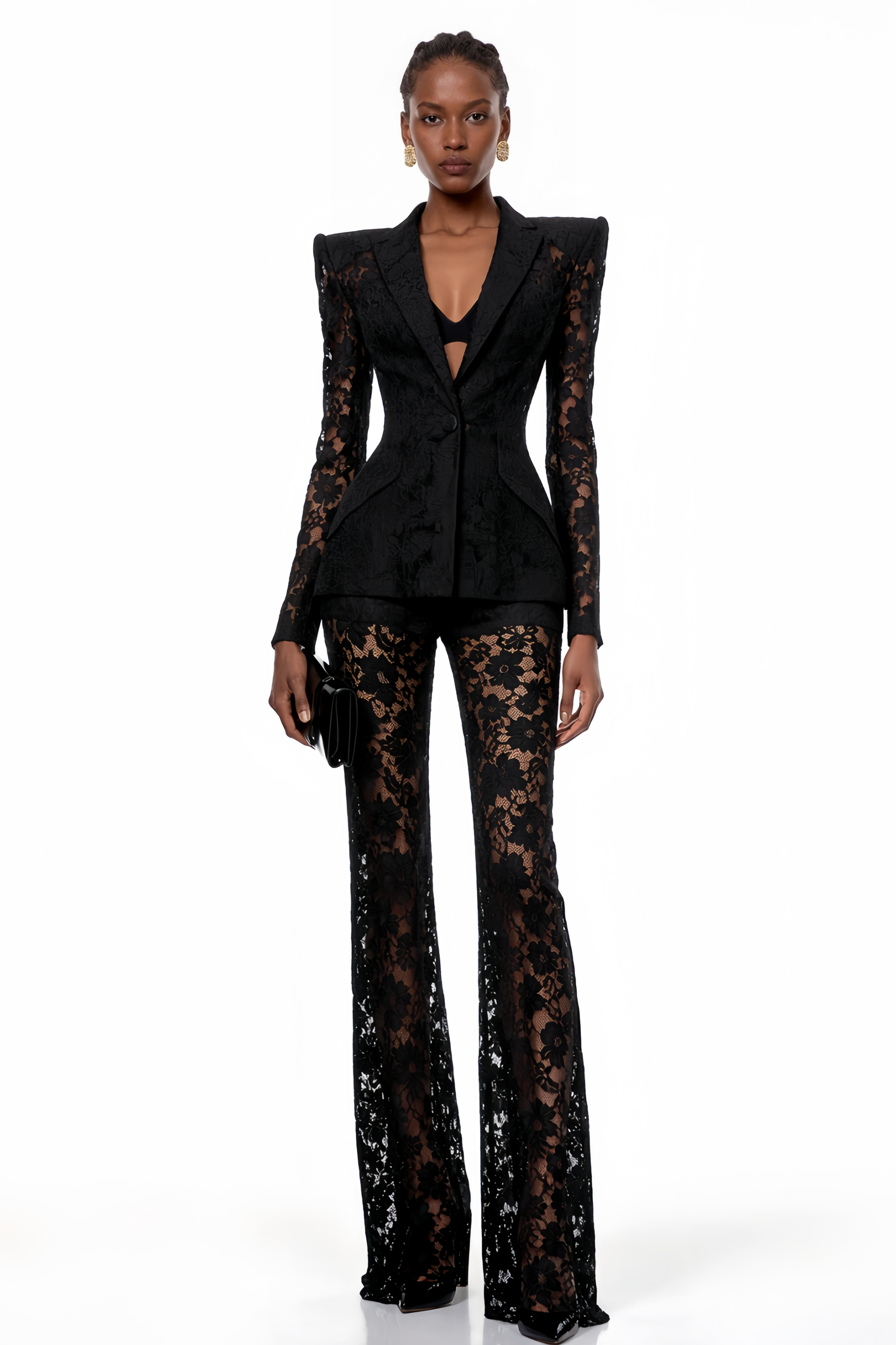 Zoé Black Sheer Lace Blazer & Trousers Matching Set