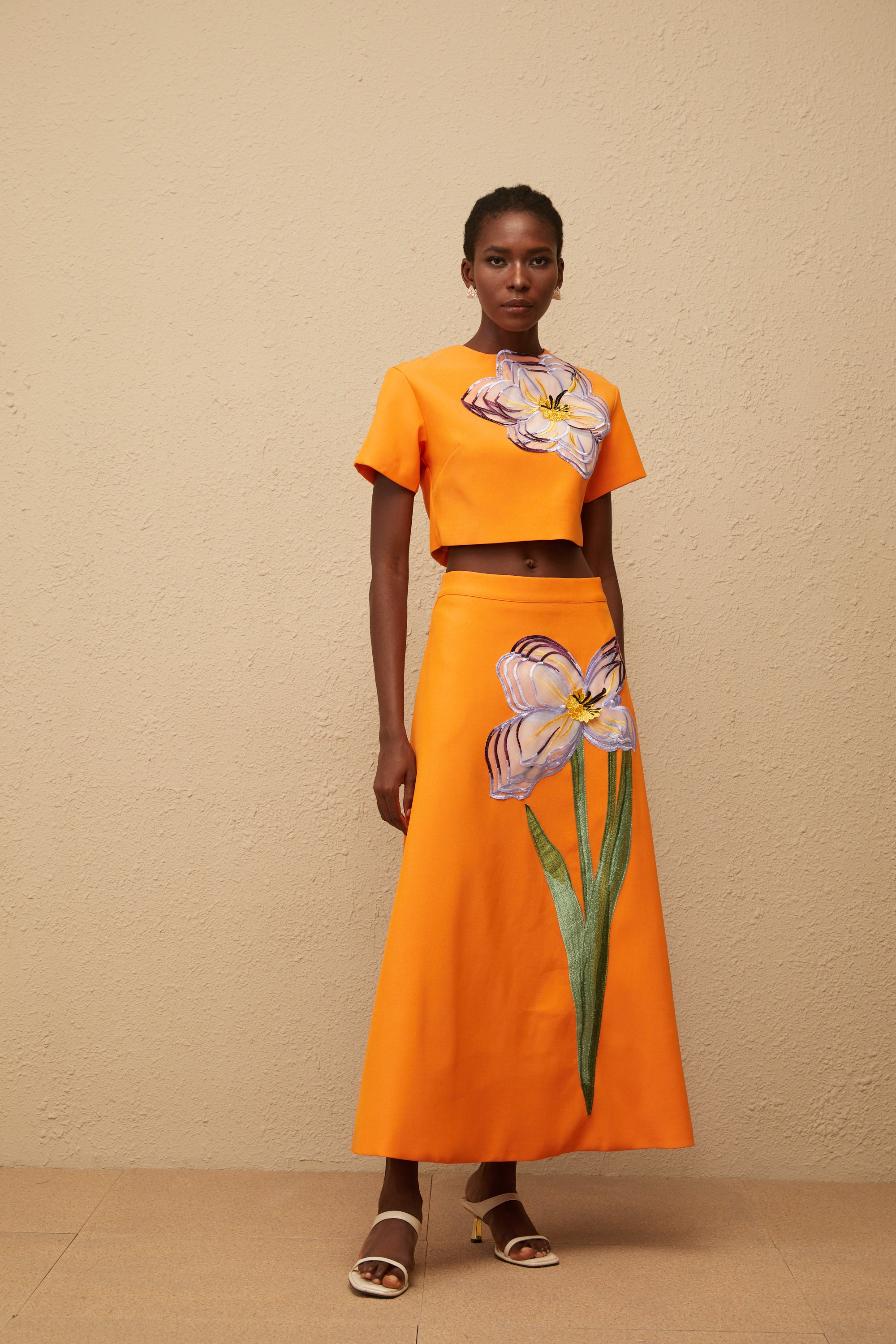 Irène Orange Sequin Floral Embroidered Matching Set