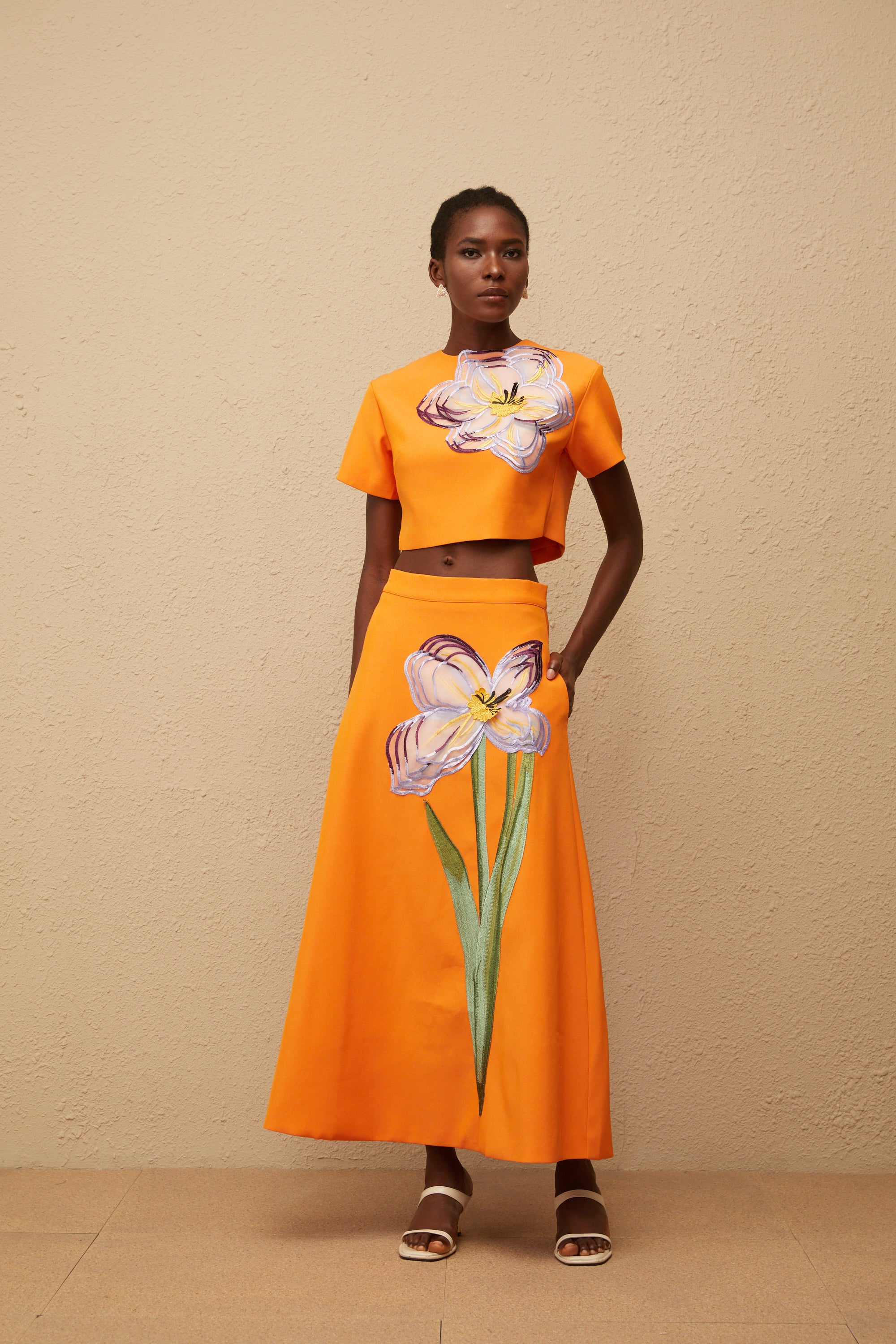 Irène Orange Sequin Floral Embroidered Matching Set