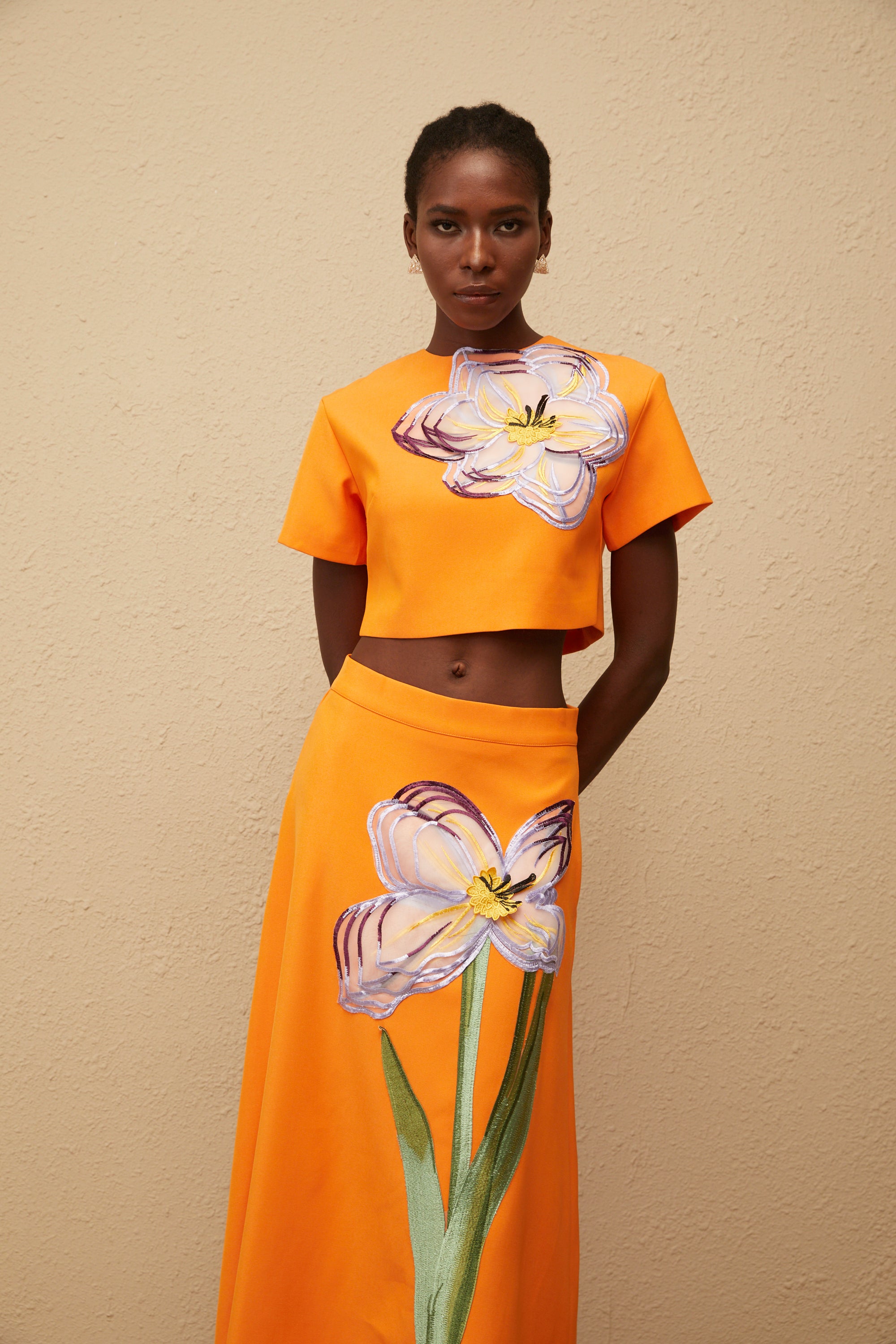 Irène Orange Sequin Floral Embroidered Matching Set