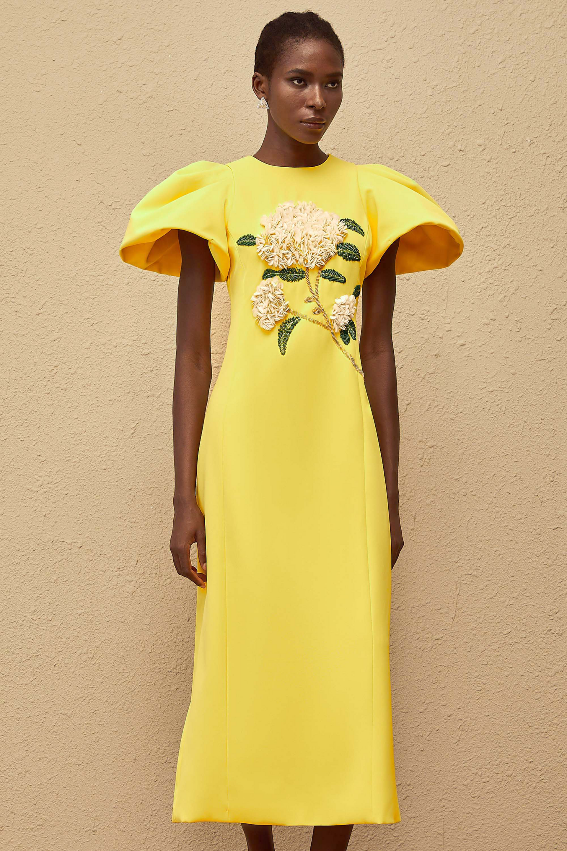 embroidered midi dress Yrjö Yellow Floral Embroidered Midi Dress, M / Yellow