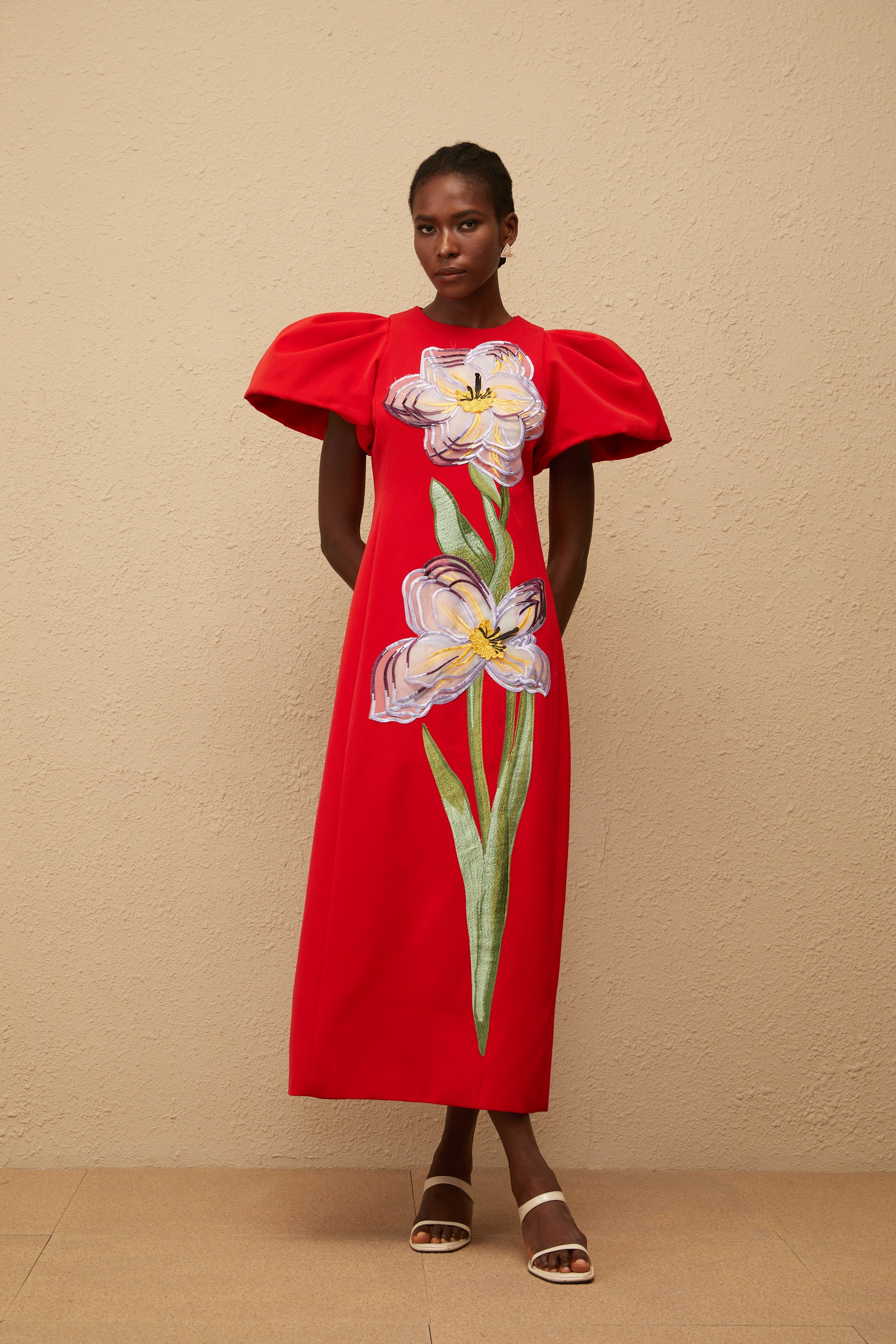 Irène Red Sequined Floral Embroidered Midi Dress