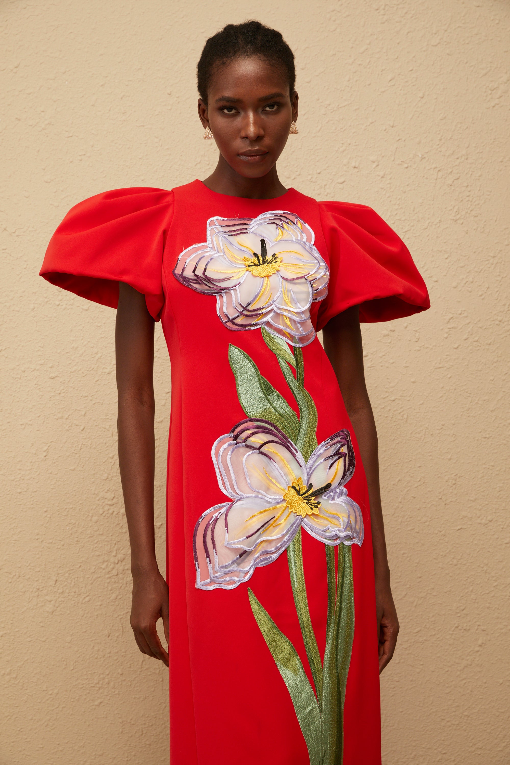 Irène Red Sequined Floral Embroidered Midi Dress